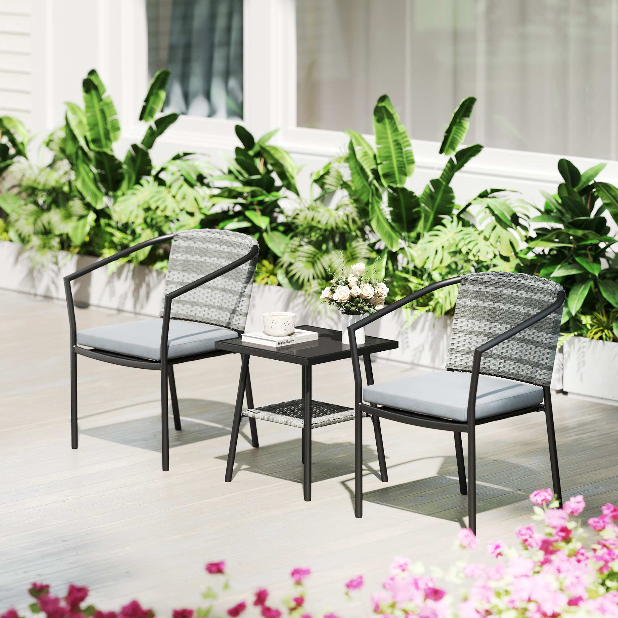 Outdoor Bistro Set, 3 Piece Wicker Patio Furniture Set with Armchairs, 2-Tier Glass Table, Cushions, Dark Grey - Image 5