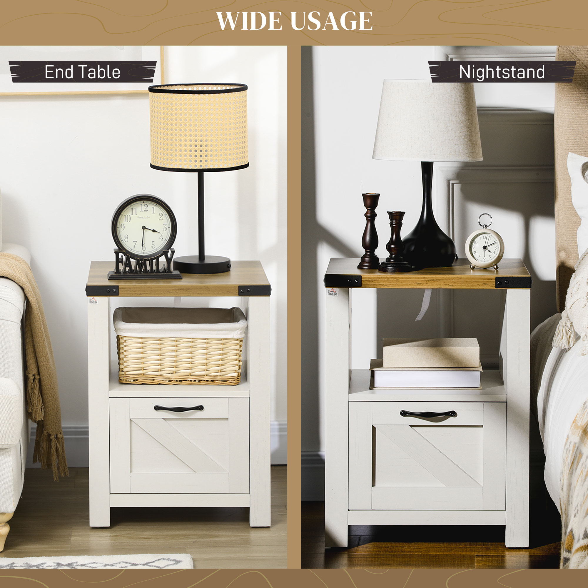 Side Table with Storage, Farmhouse End Table with Drawer, Open Shelf and Barn-style Panel, Nightstand for Living Room, Bedroom, White - Image 4