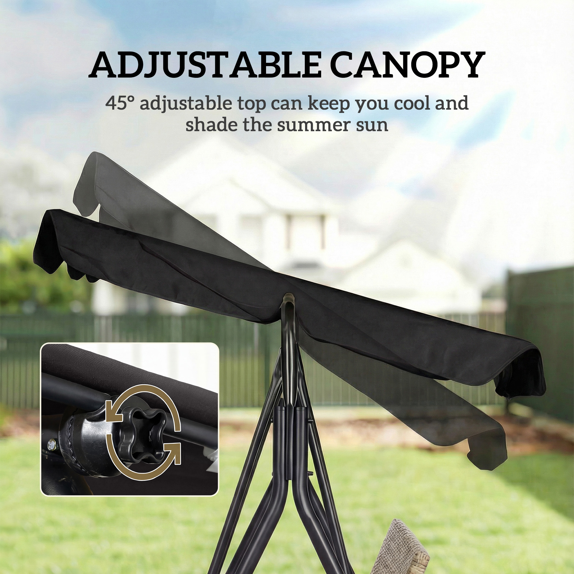 Outdoor 3-Seat Porch Swing with Canopy, Rattan Seat, Removable Cushion, Pillows and Steel Frame - Image 3