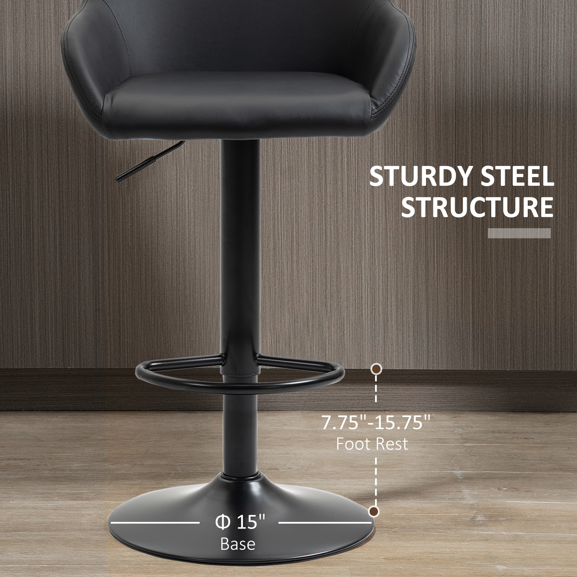 Adjustable Bar Stools Set of 2, Swivel Barstools with Footrest and Back, PU Leather and Steel Round Base, Black - Image 5