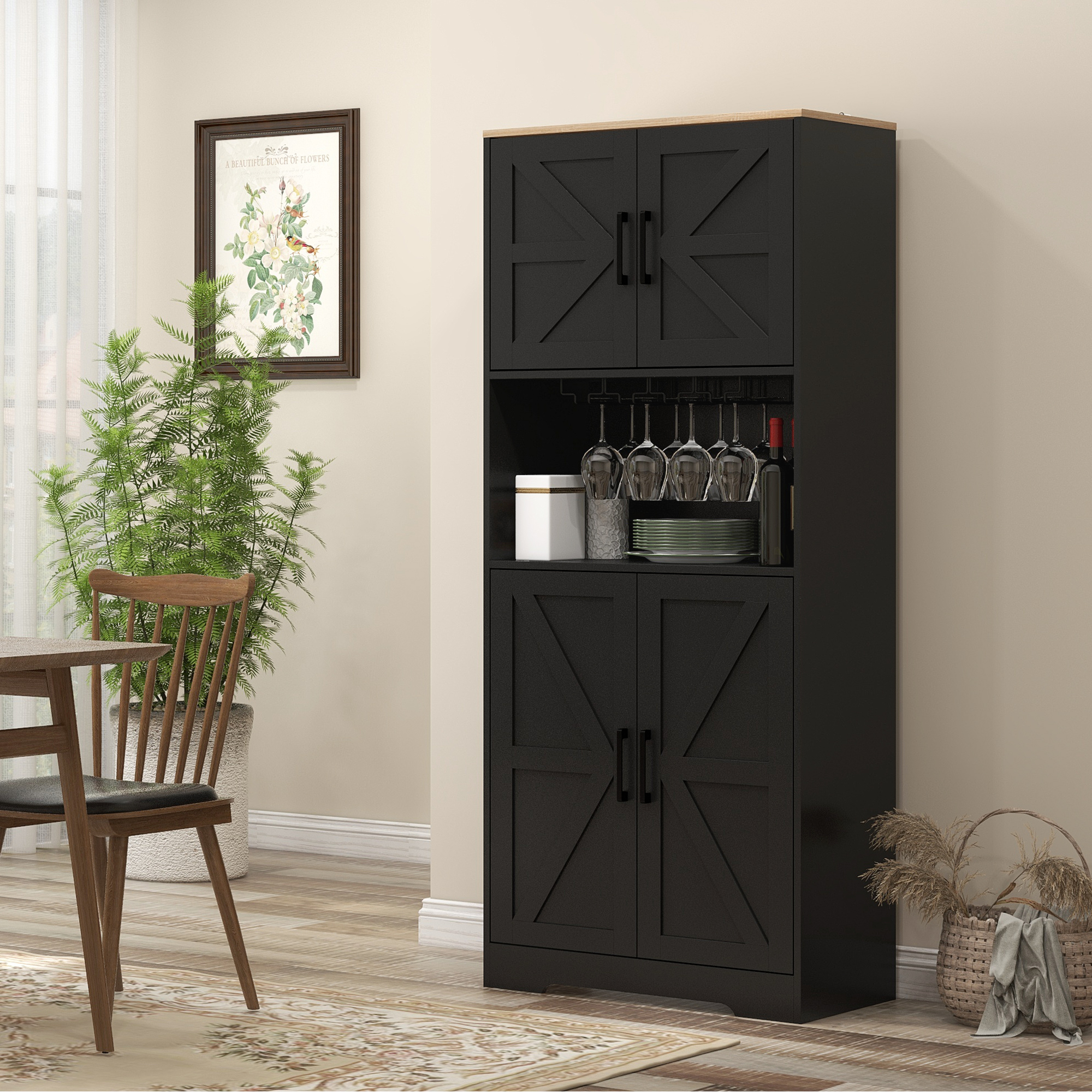 Farmhouse Kitchen Pantry, 68" Freestanding Hutch Storage Cabinet with Microwave Oven Countertop, Black - Image 6