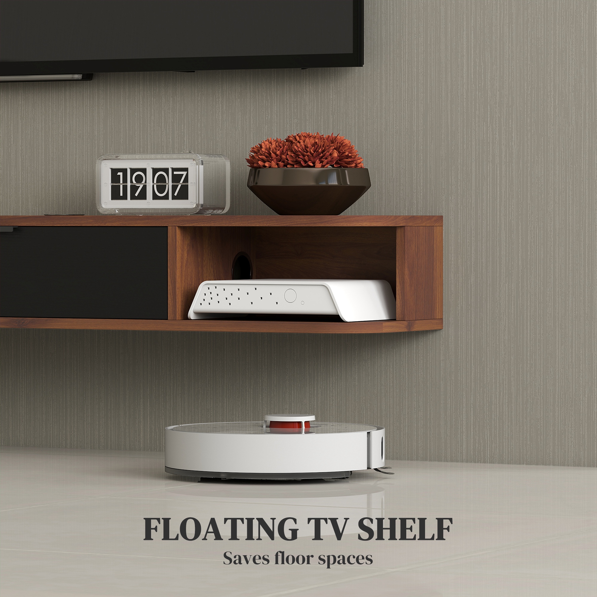 47" Floating TV Stand for TVs up to 50 Inch, Wall Mounted Media Console with Flip Drawer and 2 Open Shelves, Walnut - Image 2