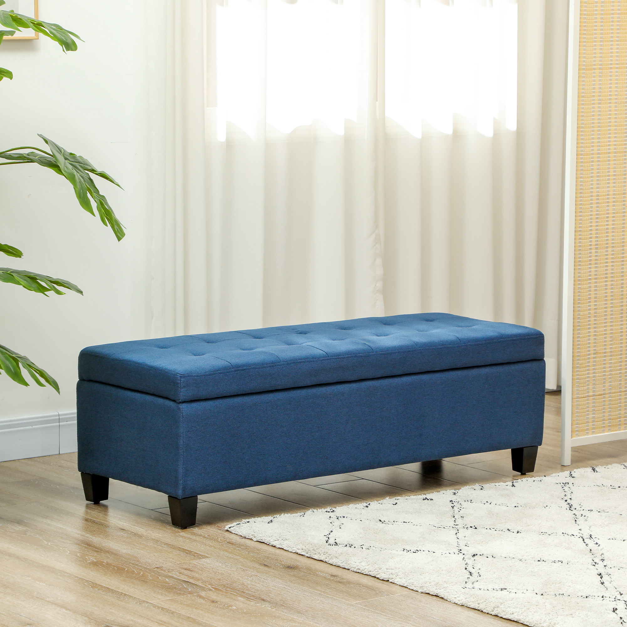 Rectangular Entry Bench, Tufted Upholstered Linen Fabric Wood Feet Storage Ottoman Bench, Blue - Image 6