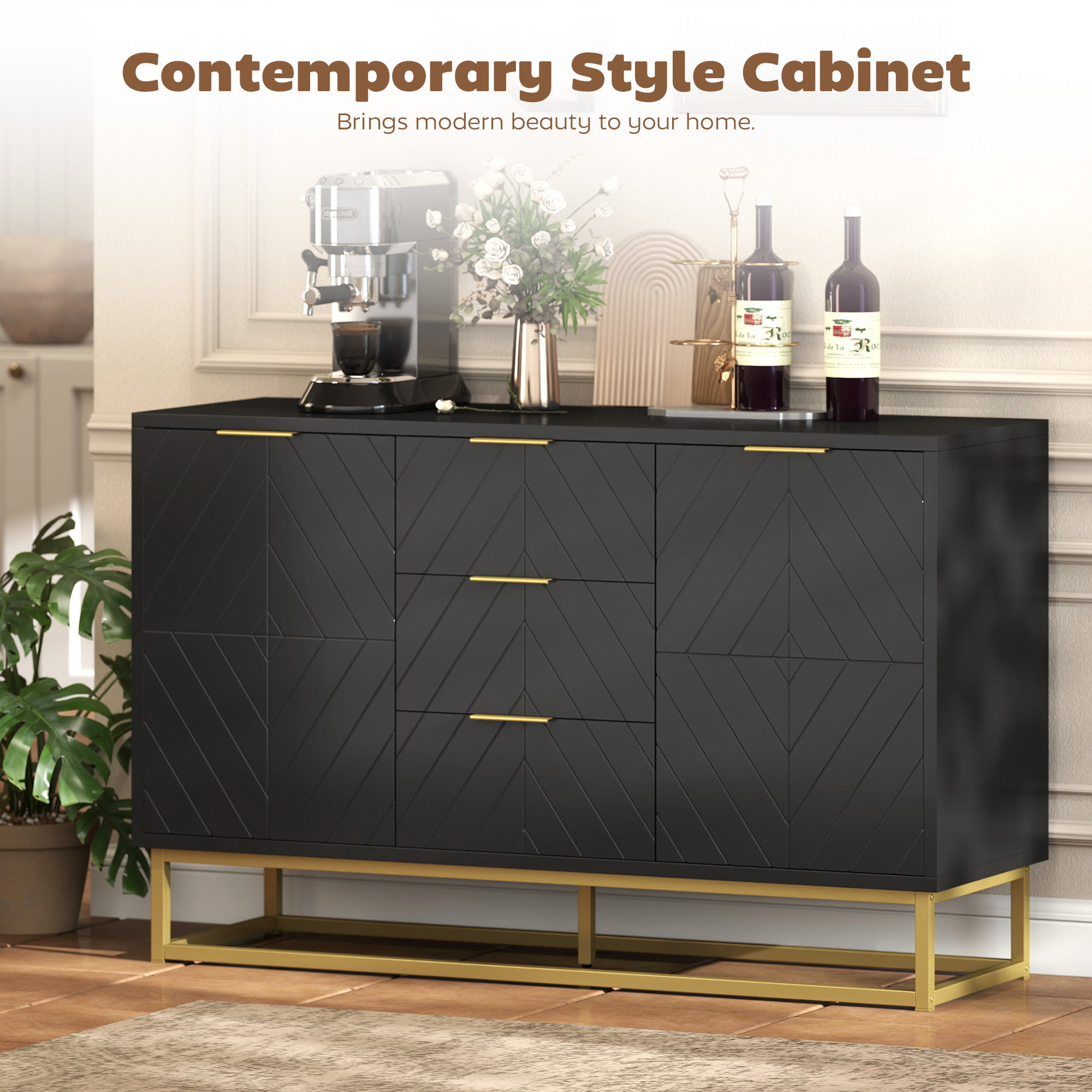 Sideboard Storage Cabinet with 3 Drawers, Adjustable Shelves and Doors, Kitchen Buffet Cabinet for Dining Room, Black - Image 2