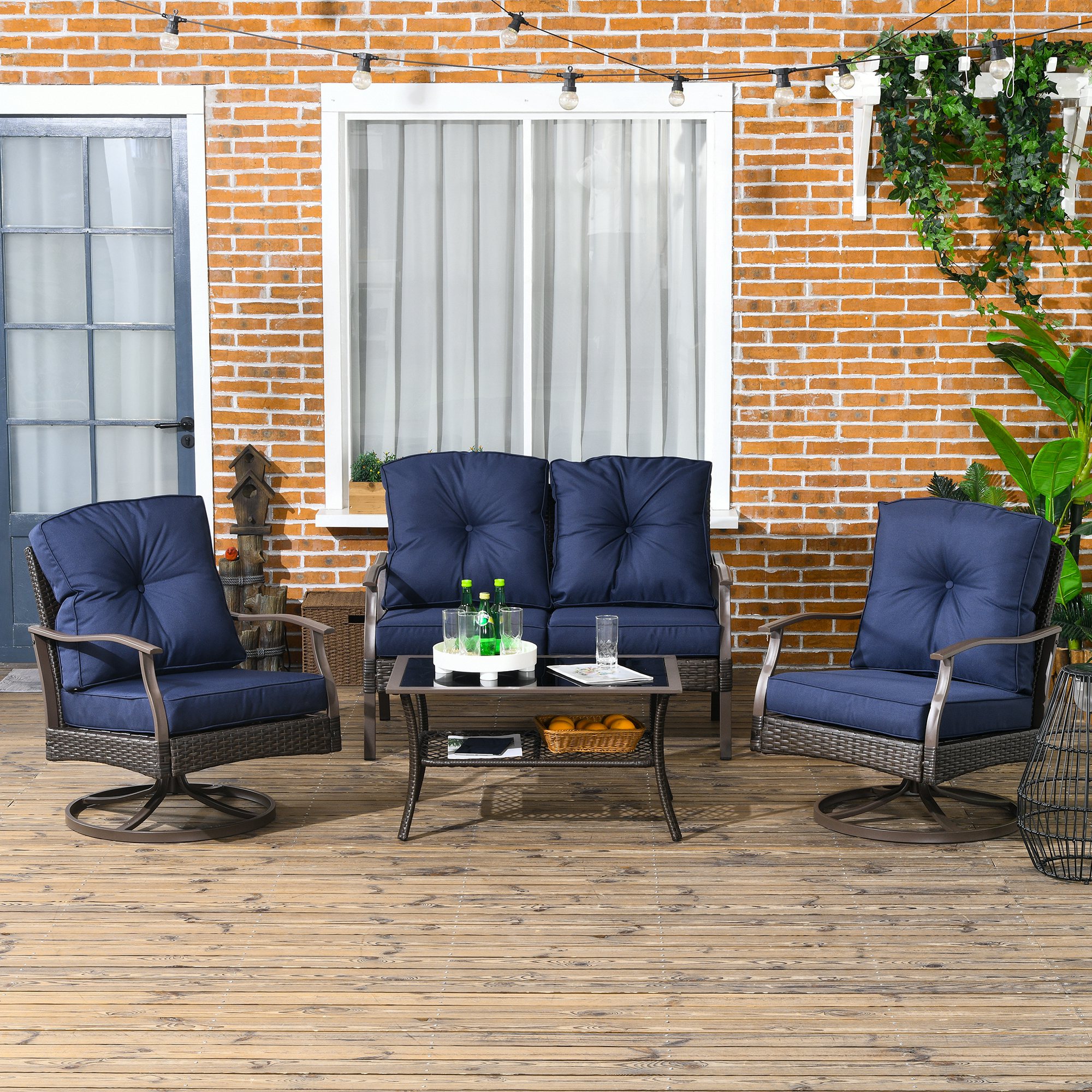 4 Pcs Wicker Sofa Set with 2 Swivel Chairs Patio Furniture Set w/ Two Tier Tea Table & Cushions, Navy Blue - Image 6
