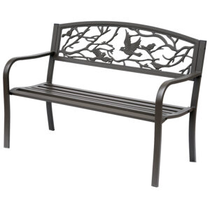 50" Garden Bench Outdoor Loveseat with Vintage Bird Pattern Cast Metal - Brown