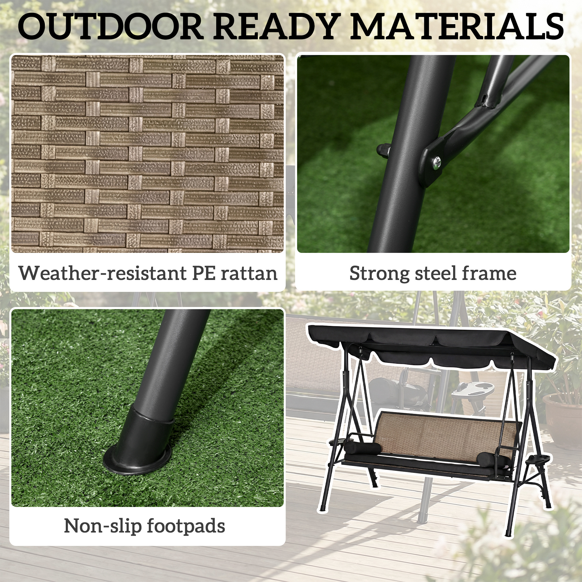 Outdoor 3-Seat Porch Swing with Canopy, Rattan Seat, Removable Cushion, Pillows and Steel Frame - Image 4