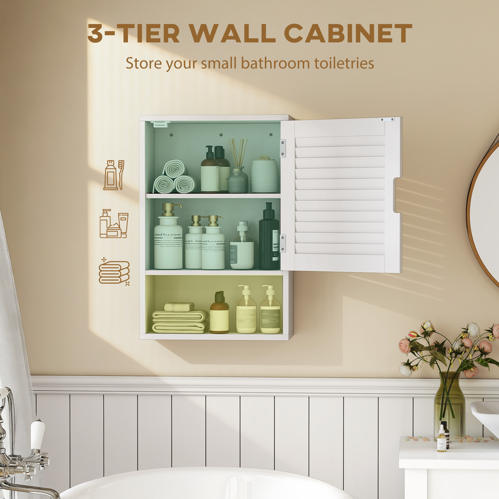 Bathroom Cabinet, Wall Mounted Storage Cabinet with Adjustable Shelves, 40 x 20 x 60 cm, White - Image 2