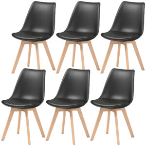 Modern Dining Table Chairs Set of 6, Rubber Wood Kitchen Table Chairs with PU Leather Cushion for Living Room, Bedroom