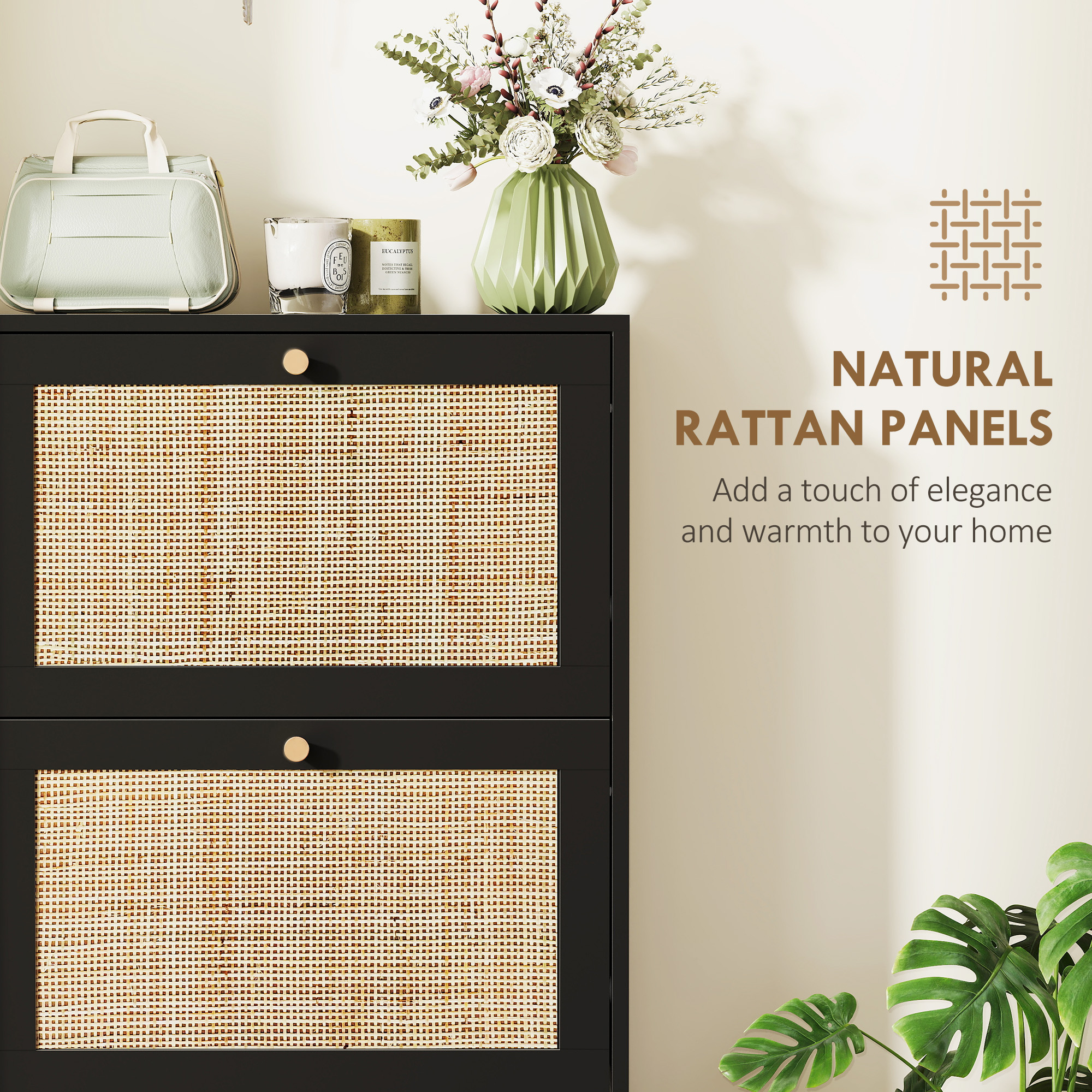Rattan Shoe Storage Cabinet with 3 Flip Drawers and Adjustable Shelves, Entryway Shoe Cabinet for 18 Pairs, Black - Image 4