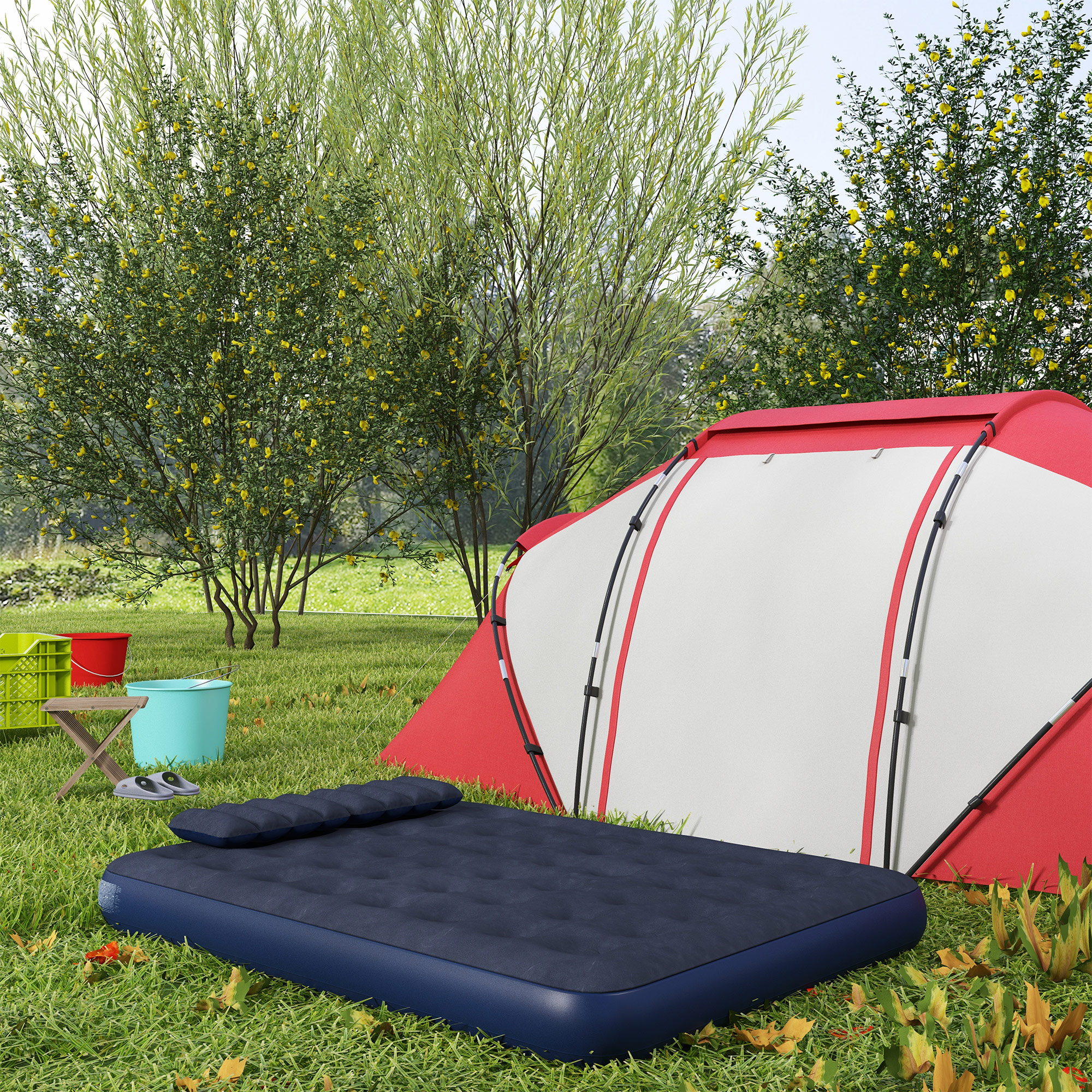 Queen Size Air Mattress Camping Air Bed with 2 Pillows and Hand Pump, Blue - Image 6