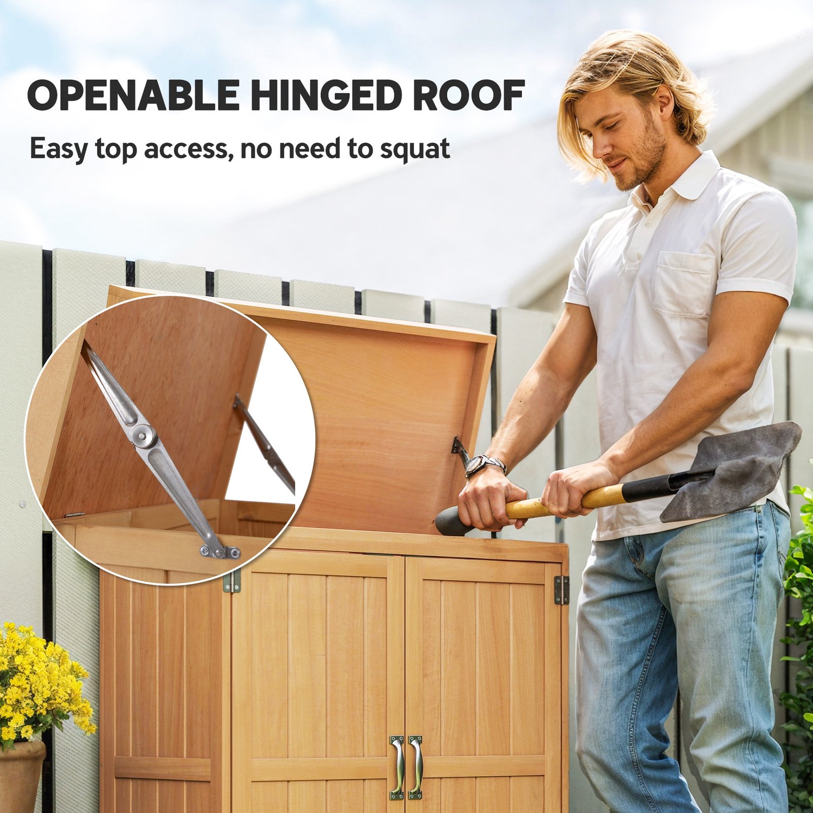 Wooden Garden Tool Storage Shed Kit with Hinged Roof, 2-Tier Shelves and Double Doors, 74x43x88cm, Natural Wood - Image 2