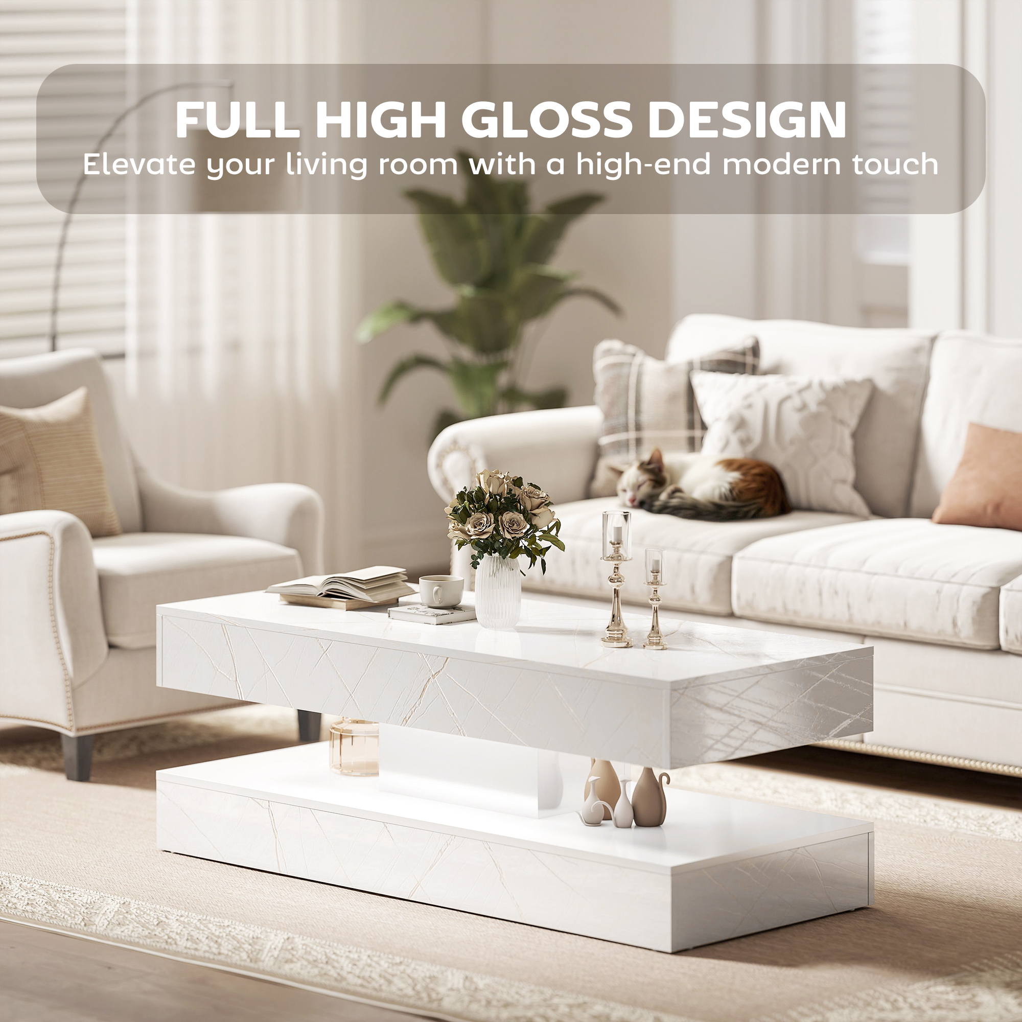 Coffee Table with Adjustable LED Lights, Center Table with 2 Drawers, Open Shelf, Remote, High Gloss Marble-Effect White - Image 4