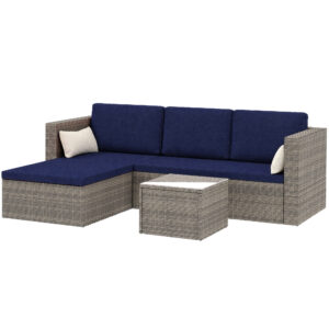 3pcs Modern Rattan Sofa Set, Wicker Patio Furniture Set with Coffee Table, Cushions, Pillows