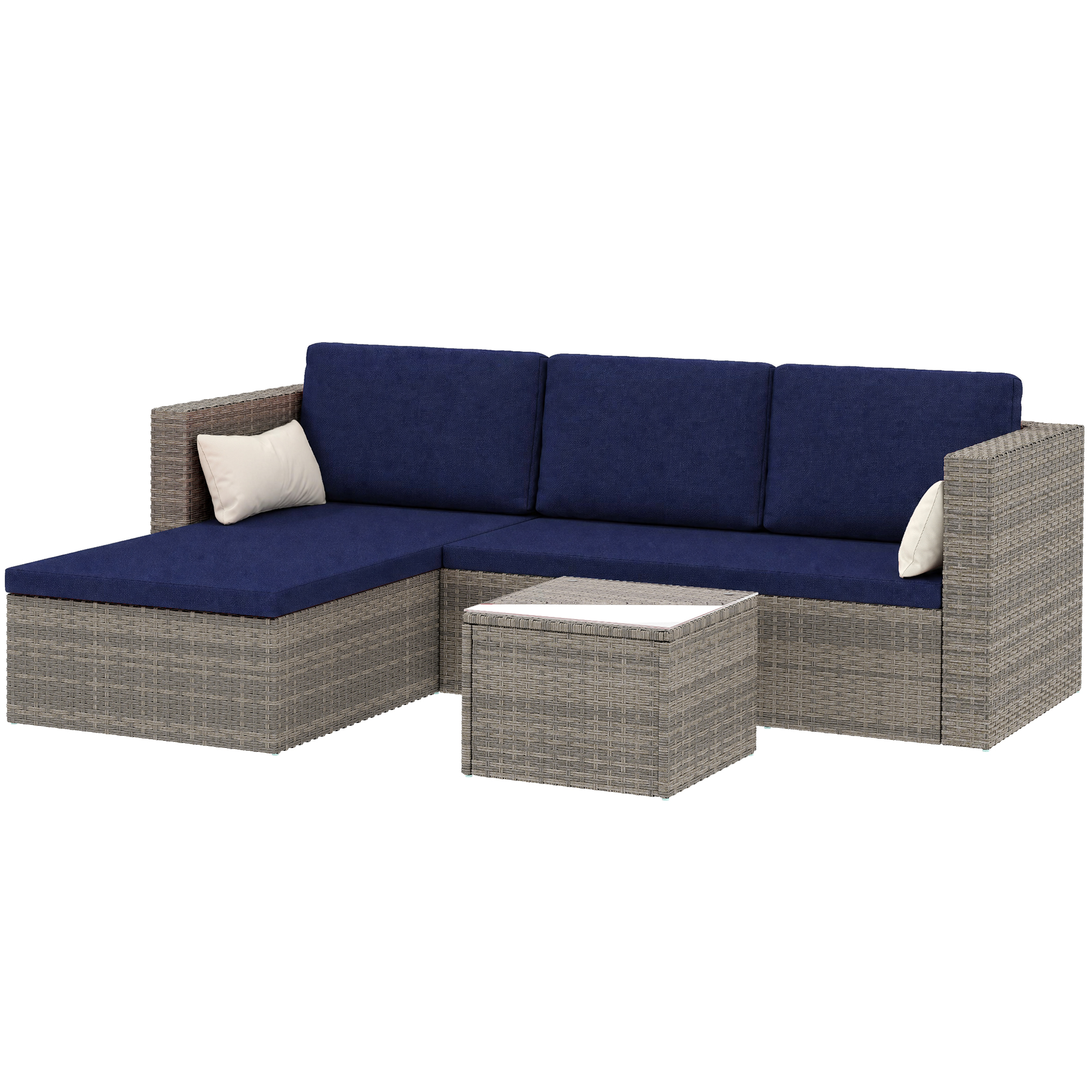 3pcs Modern Rattan Sofa Set, Wicker Patio Furniture Set with Coffee Table, Cushions, Pillows
