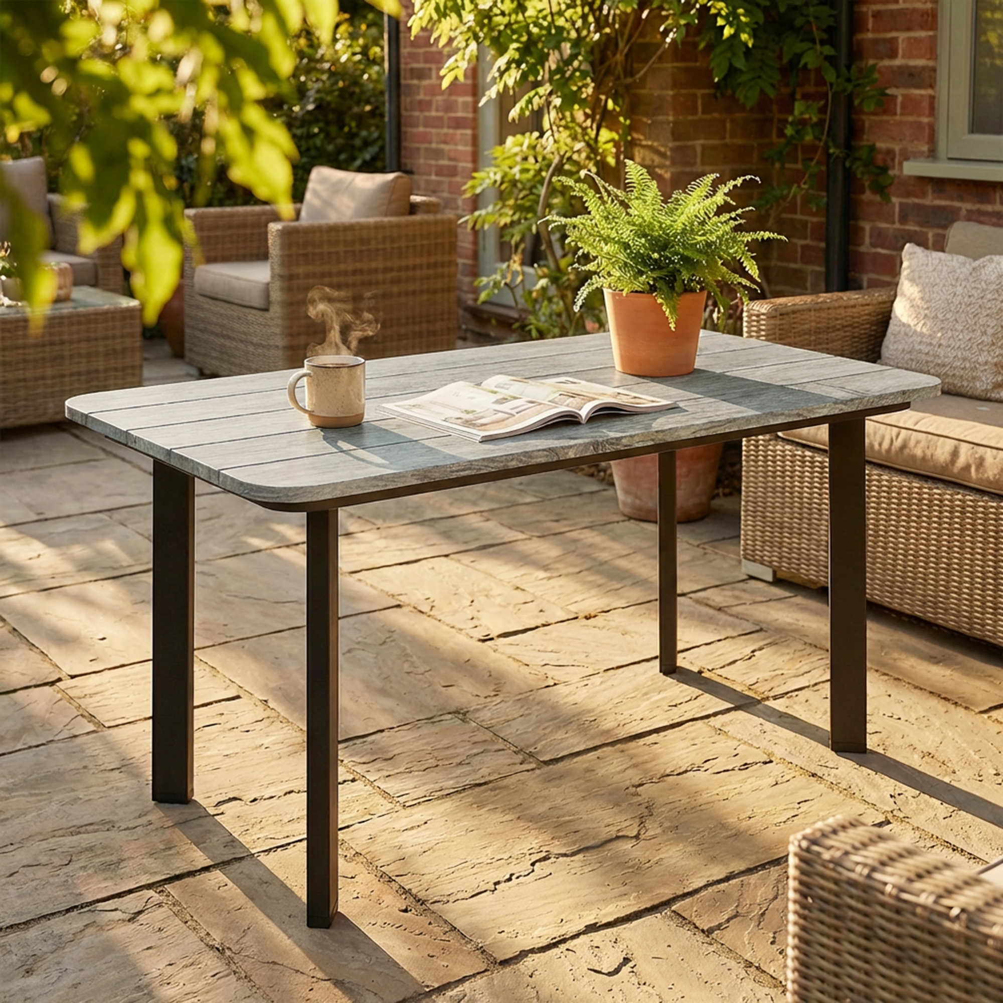 Outdoor Garden Coffee Table, Patio Table with Slatted Wood Plastic Composite Top and Steel Frame, Grey - Image 6