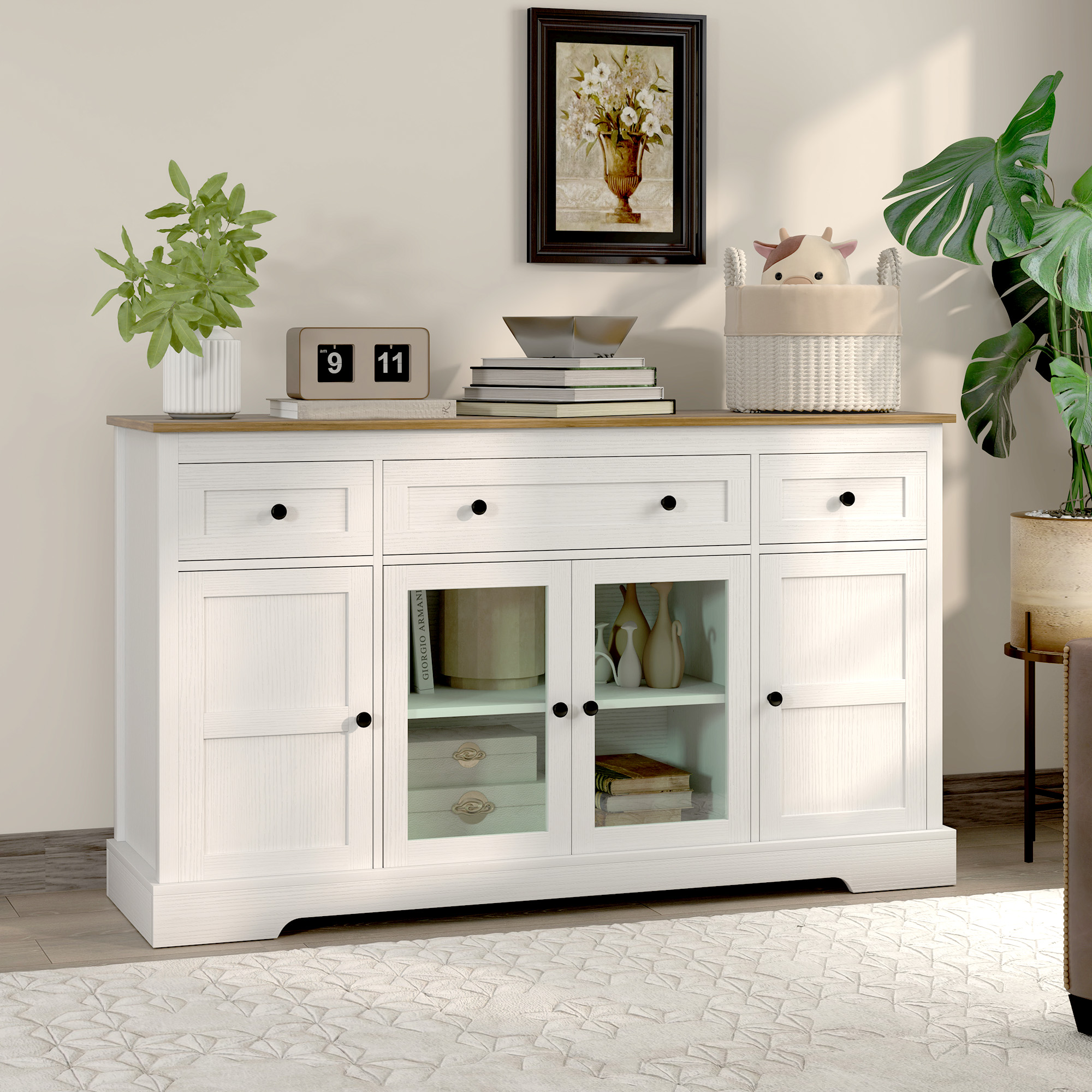 Sideboard Buffet Cabinet with Storage, Coffee Bar Cabinet with Glass Doors and Adjustable Shelves, Distressed White - Image 6