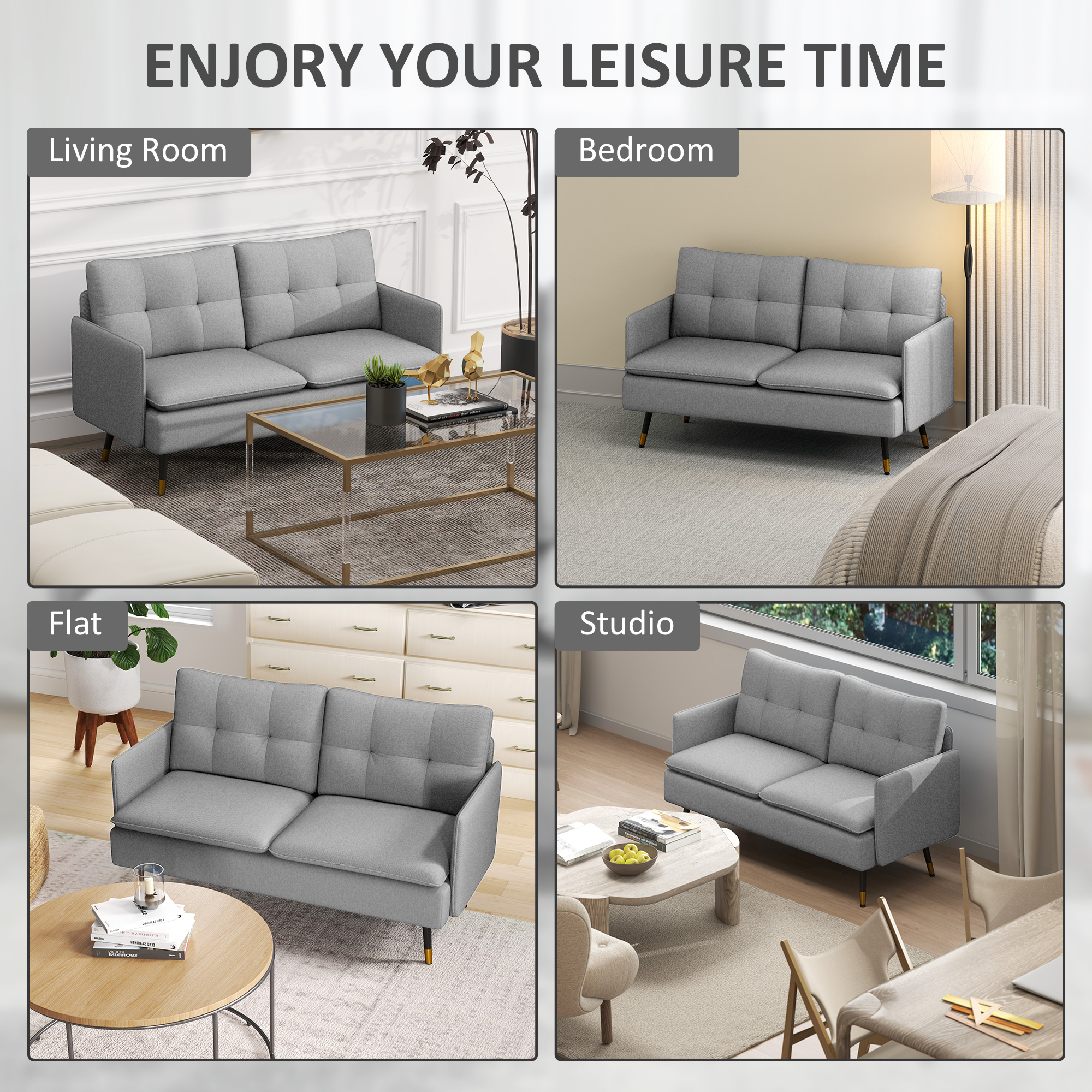 55" Loveseat Sofa, Linen Love Seat w/ S spring, Steel Legs and Button Tufting, Small Couch for Living Room, Grey - Image 5