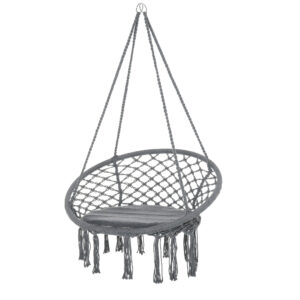 Patio Hammock Chair, Hanging Rope Hammock Swing for Indoor & Outdoor Use with Backrest, Cotton-Polyester Blend, Fringe Tassels, Dark Grey