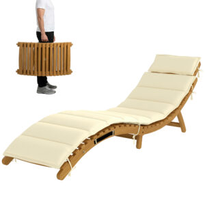 Folding Chaise Lounge Chair Outdoor, Acacia Wood Lounger Tanning Chair with Cushion, Headrest, Cream White
