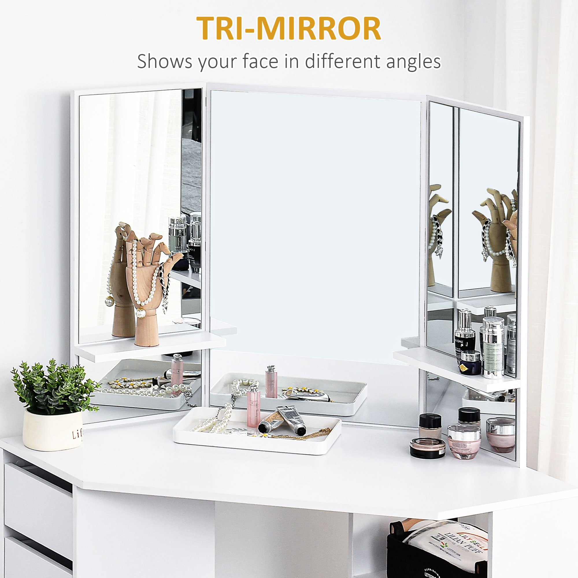 Corner Dressing Table, Makeup Desk with 3-piece Mirror and 5 Drawers, White - Image 3