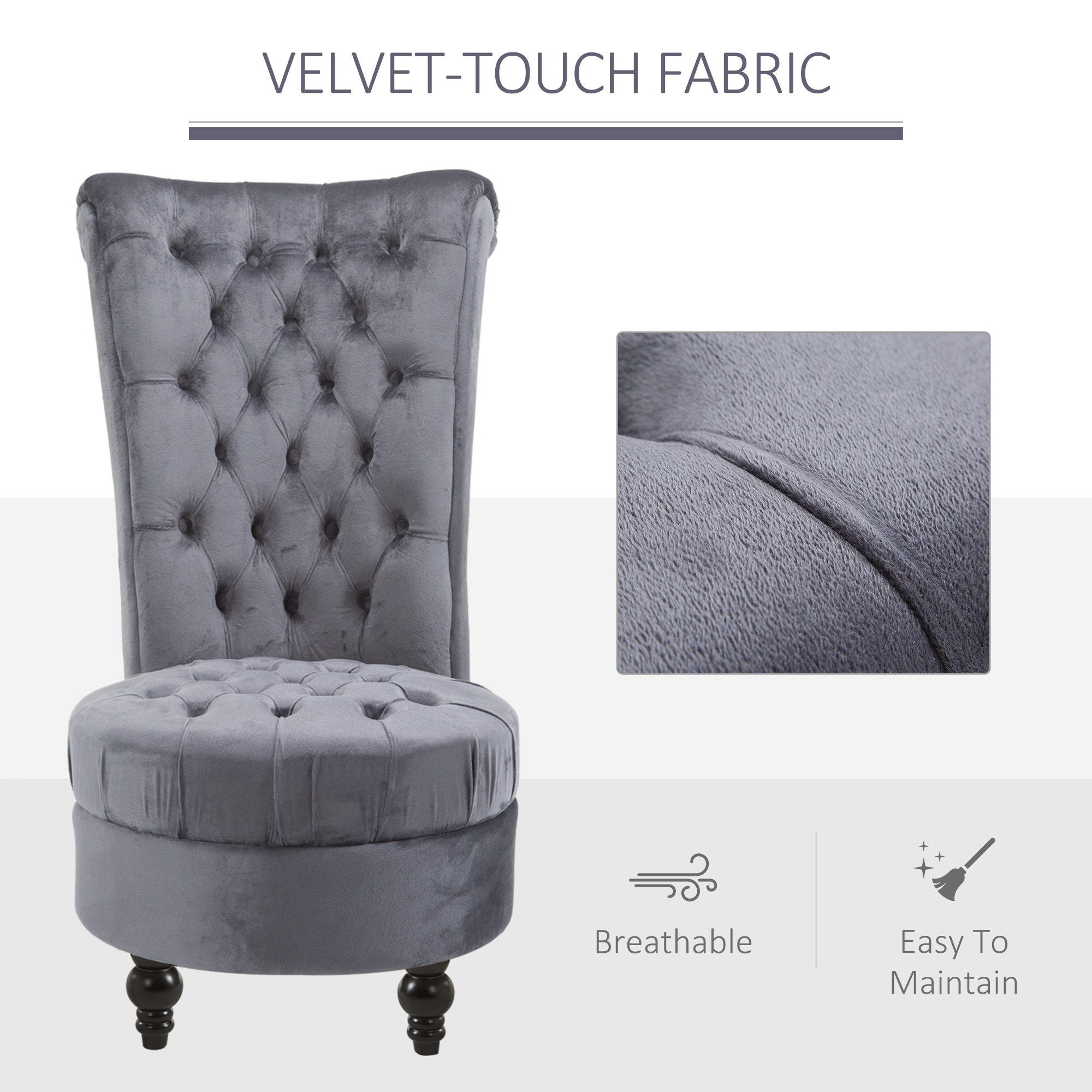 45" Tufted High Back Velvet Accent Chair Living Room Soft Padded Couch Lounge Ash Grey - Image 4
