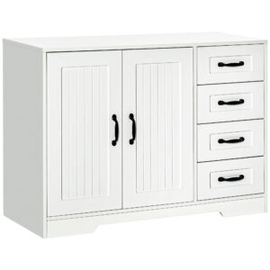 Modern Sideboard Buffet Cabinet with Drawers and Beadboard Door Cupboard Kitchen Storage Cabinet White
