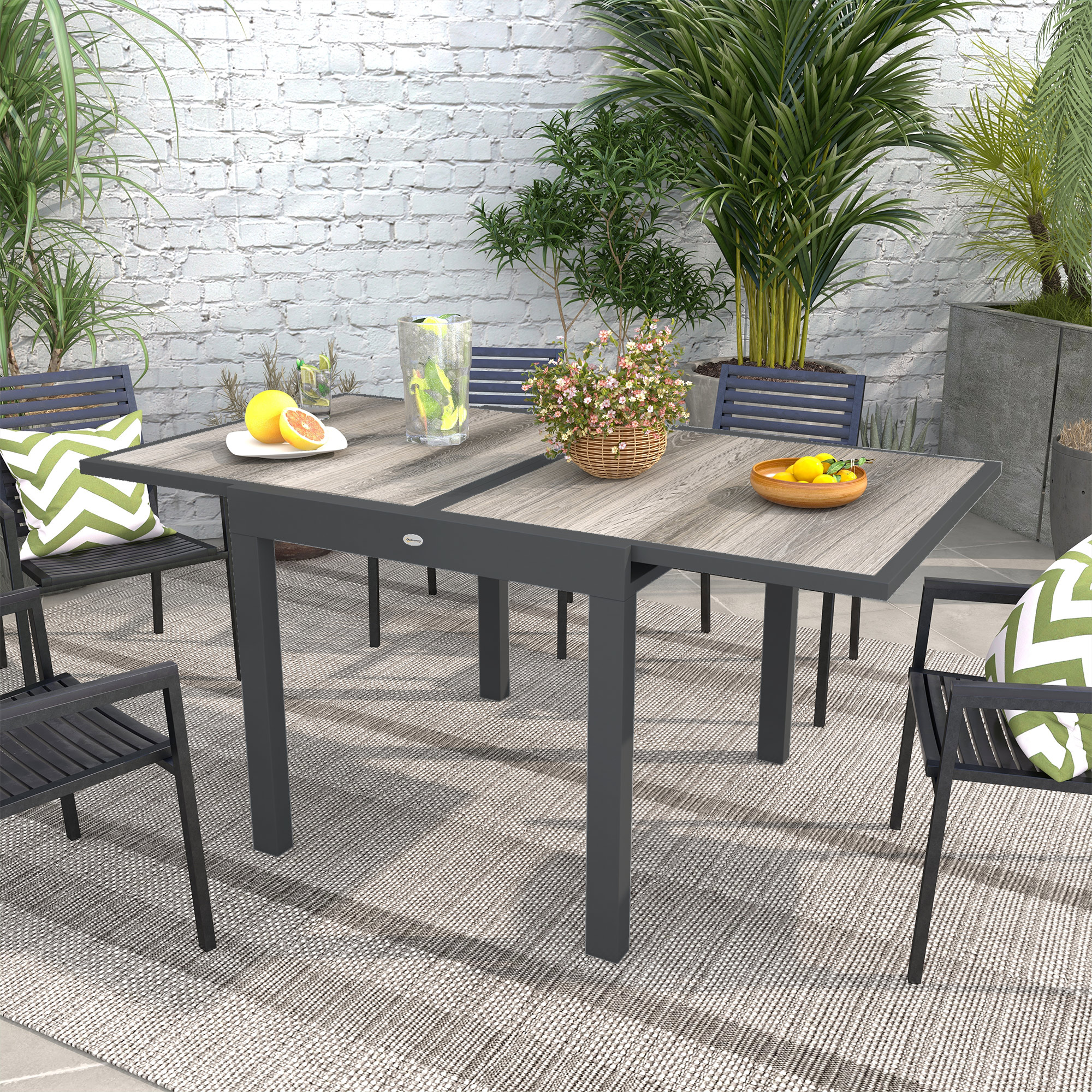 Extendable Dining Table, Rectangular Patio Outdoor Table with Aluminum Frame and Plastic Board Tabletop for Lawn, Grey - Image 6