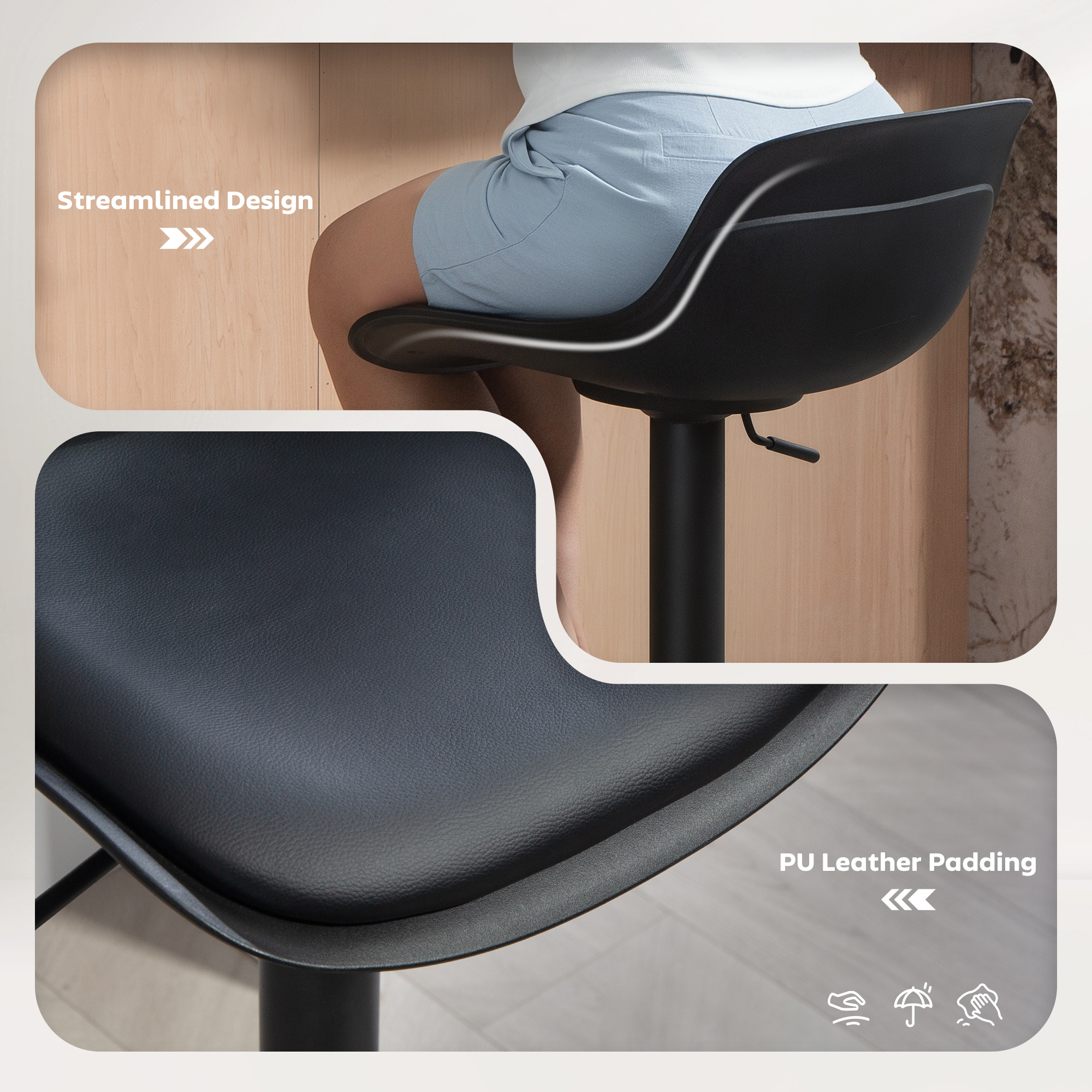 Counter Height Bar Stools Set of 2, Streamlined Bar Chairs with Adjustable Height and Swivel PU Leather Seat, Black - Image 4