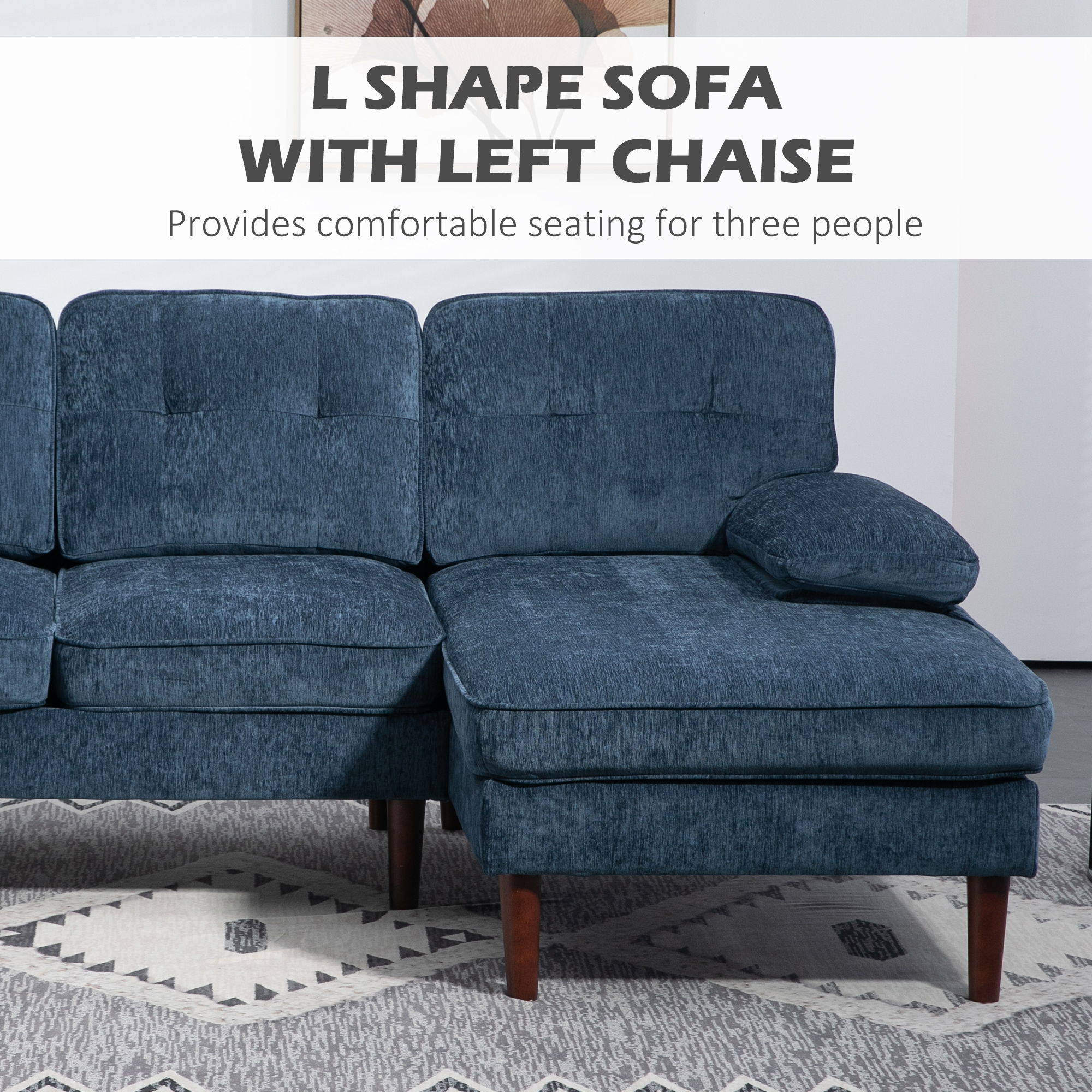Modern Corner Couch with Right Chaise Lounge, Tufted 3-Seater Sofa with Wooden Legs for Living Room, Navy Blue - Image 2