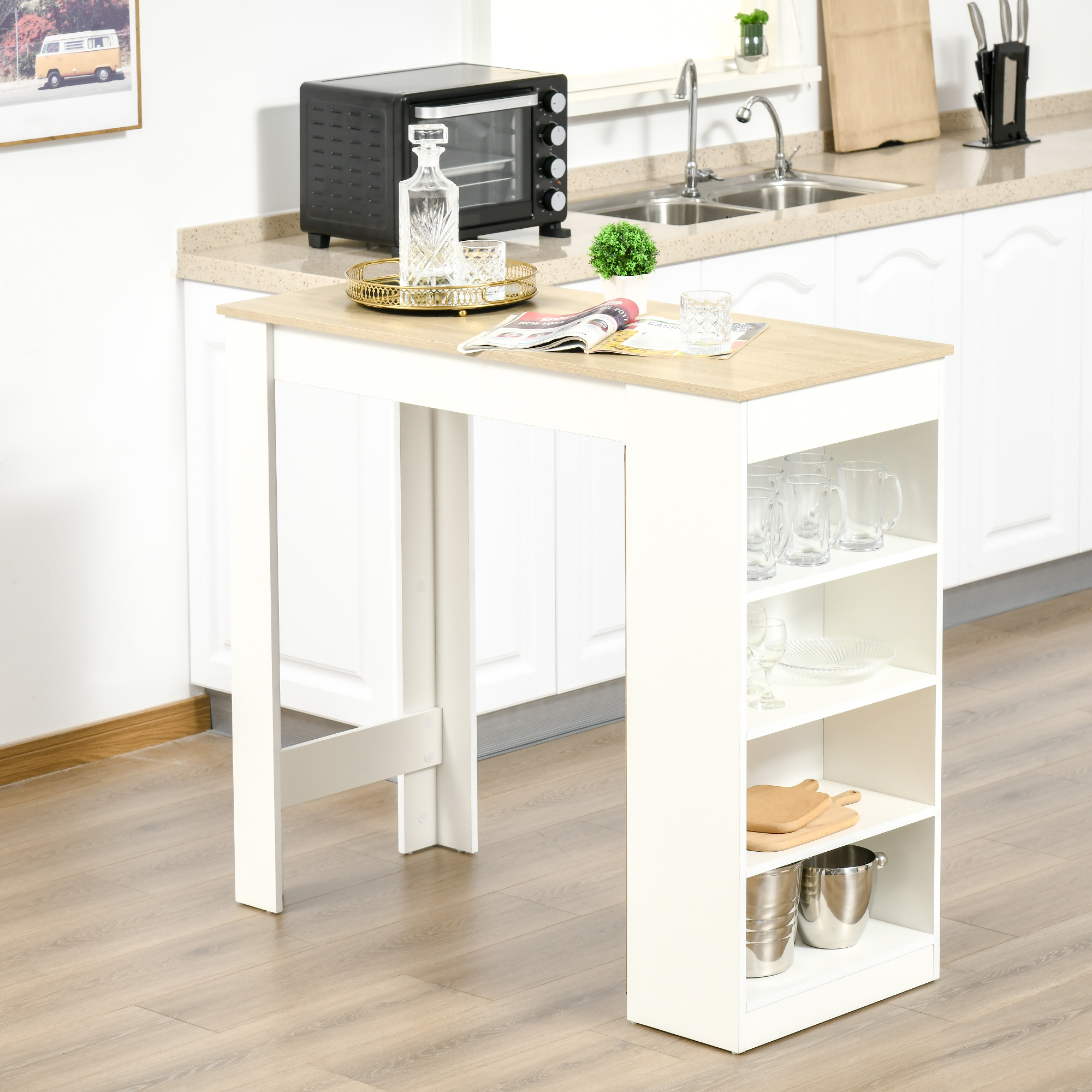 Bar Table, High Top Pub Table with 4 Storage Shelves, Modern Bar Height Table for Home Bar, Kitchen, Natural - Image 4