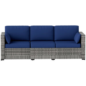 3-Seater Outdoor Sofa with Cushions, PE Rattan Conversation Patio Couch with Pillows for Garden, Poolside, Dark Blue