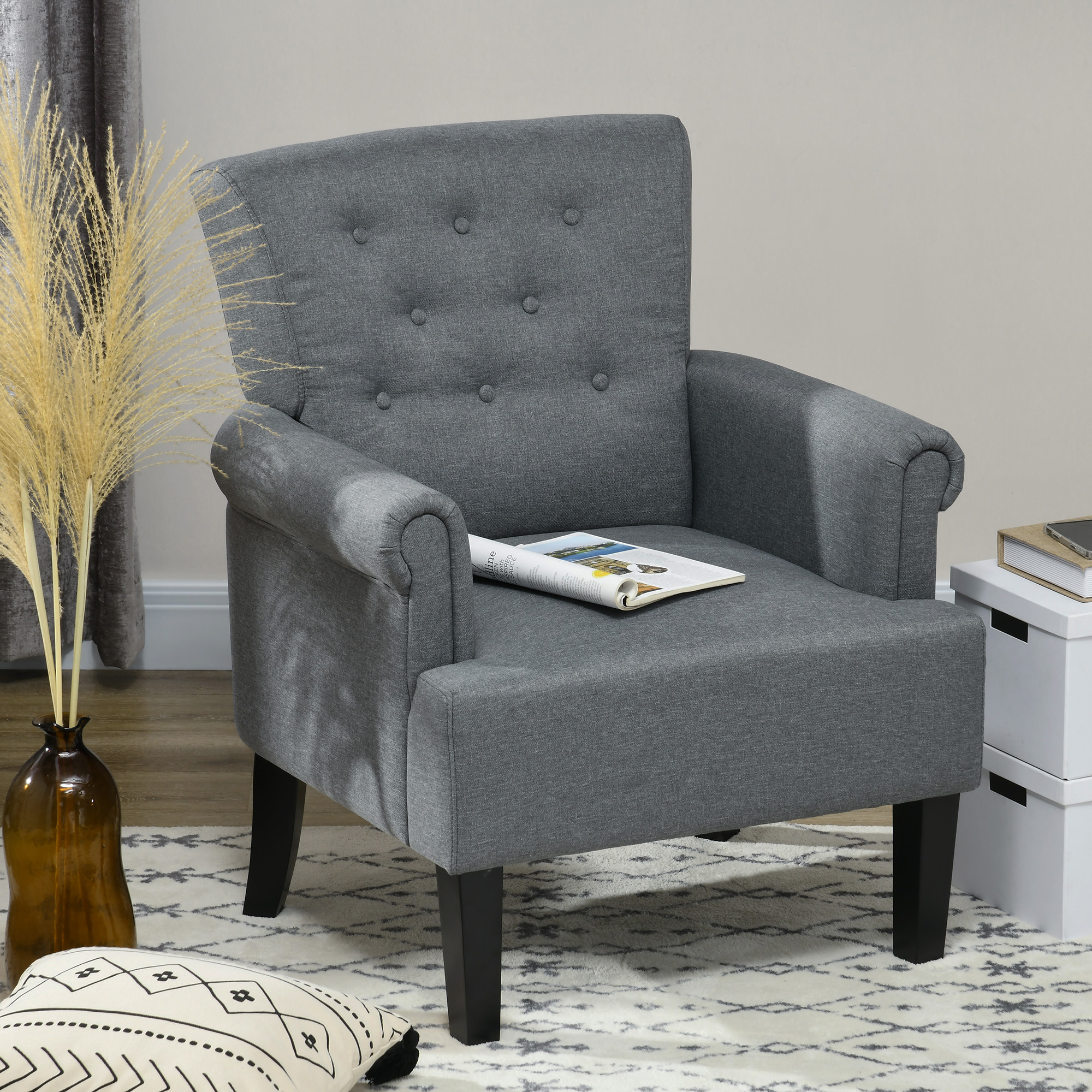 Armchair, Fabric Accent Chair, Modern Living Room Chair with Wood Legs and Rolled Arms for Bedroom, Grey - Image 5