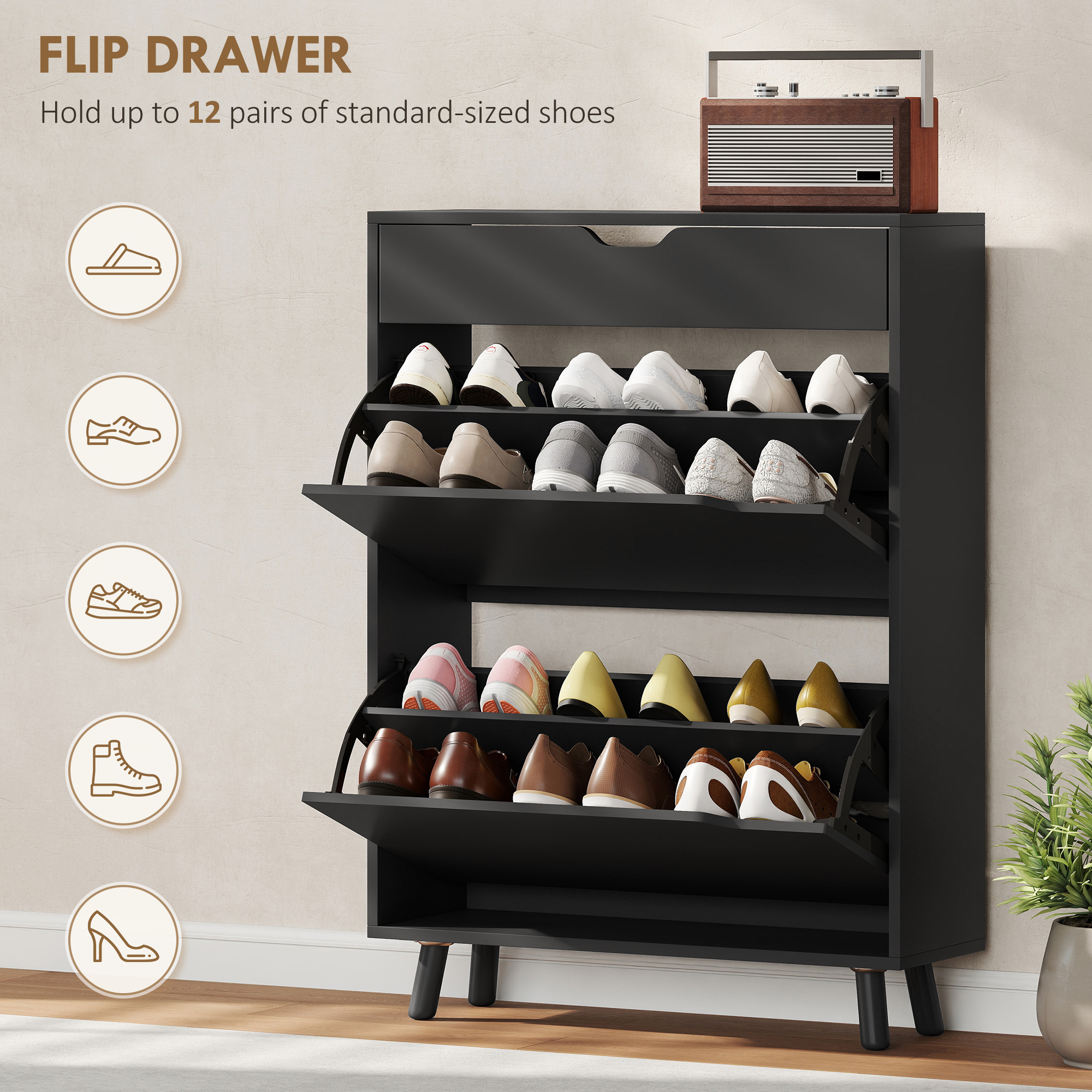 Narrow Shoe Cabinet for Entryway with 2 Flip Drawers, Top Drawer and Adjustable Shelves for 12 Pairs of Shoes, Black - Image 2