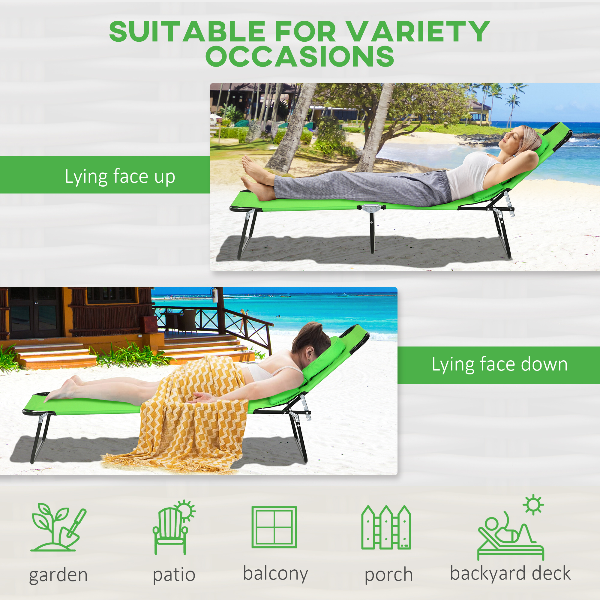 Folding Lounge Chair Set of 2, Reclining Beach Tanning Chair with Face Hole, Pillow, 4-Position Adjustable Flat Sun Lounger, Steel Frame for Outdoor Patio Pool, Green - Image 3
