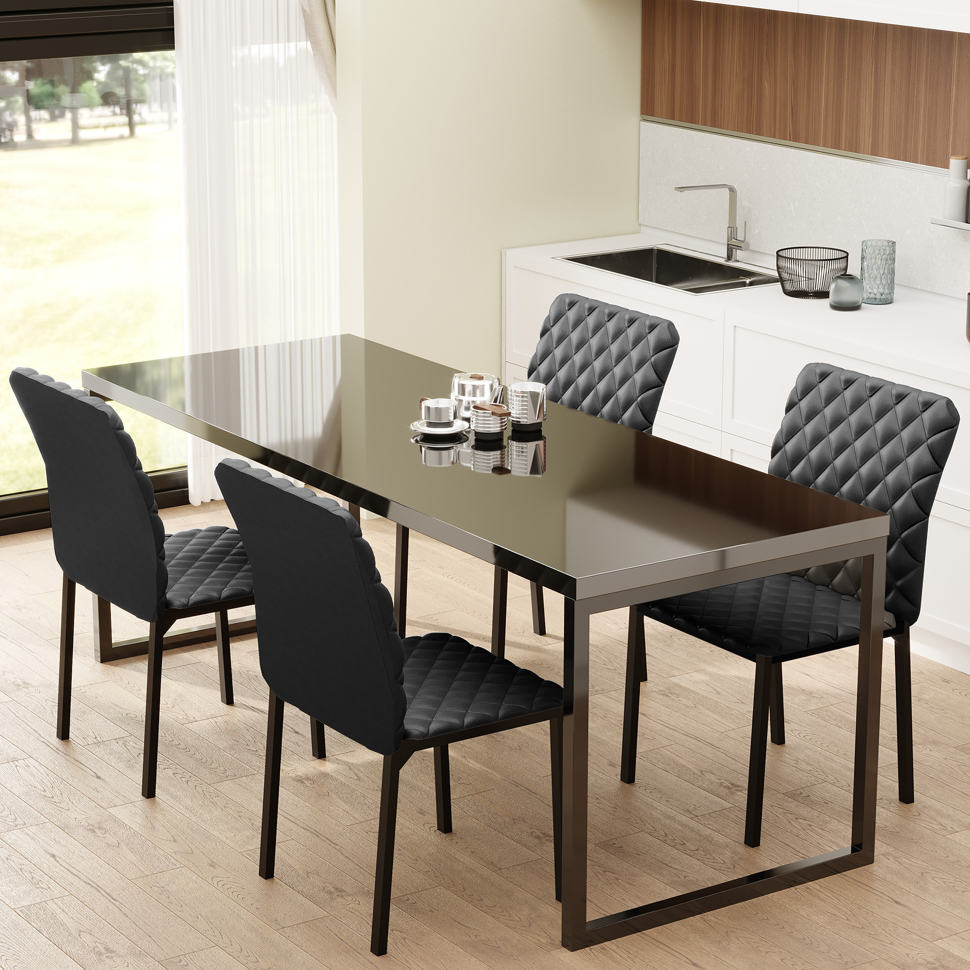 Modern Dining Chairs Set of 4, Upholstered Faux Leather Kitchen Chairs with Rhombic Tufting and Metal Legs for Living Room, Black - Image 5