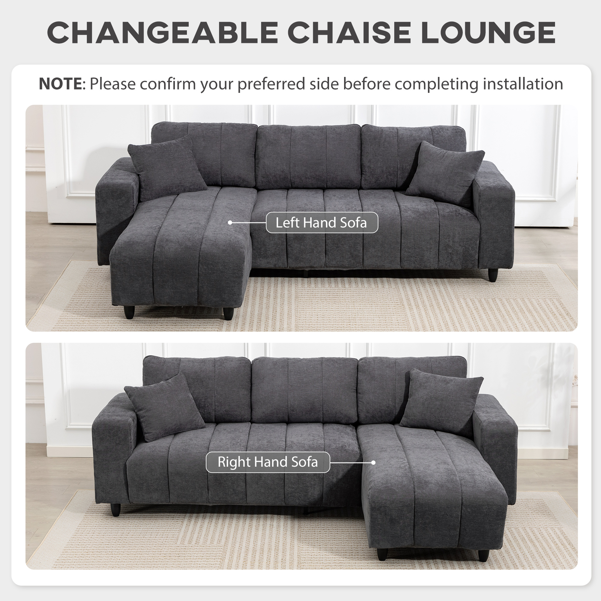 Sectional Couch with Integrated Seat, 3 Seater L-Shaped Sofa with Changeable Chaise, Spring Cushion, 2 Pillows, Grey - Image 2