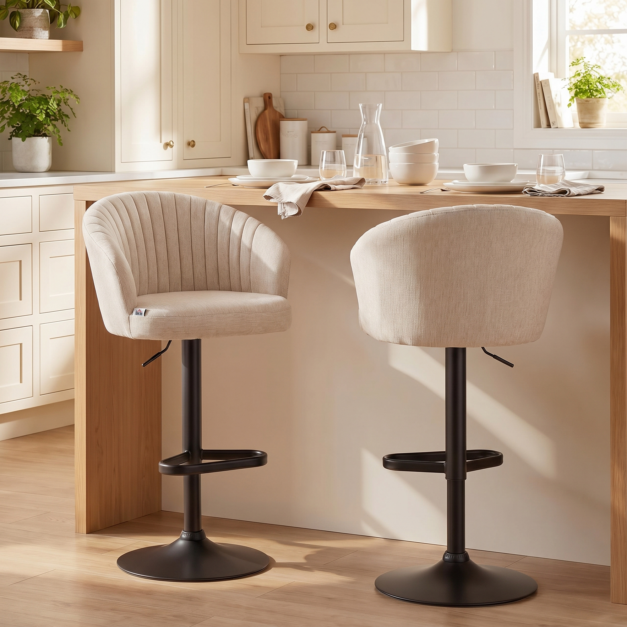 Bar Stools Set of 2, Swivel Counter Height Barstools with Back, Footrest, Adjustable Height, Beige - Image 6