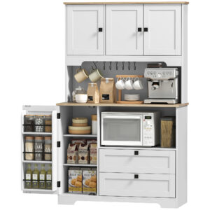 Kitchen Pantry Cabinet, 64" Tall Kitchen Hutch with 3 Cabinets, 2 Drawers, Adjustable Shelves, Microwave Stand, White