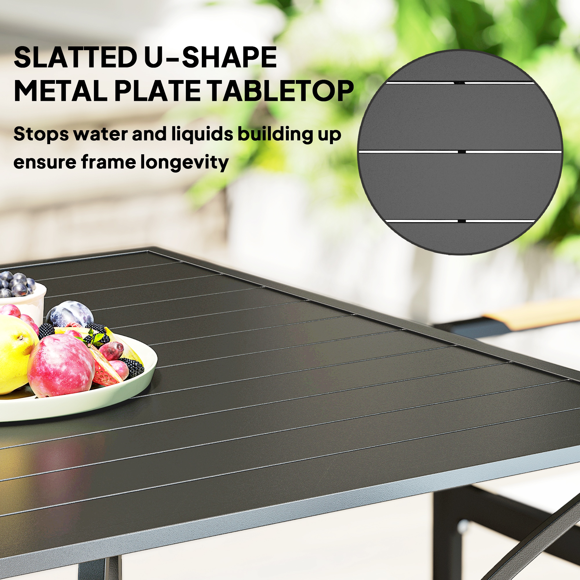 Outdoor Dining Table for Four, Patio Table with Parasol Hole, Square Garden Table with Slatted Metal Plate Top, for Backyard, Poolside, Black - Image 3