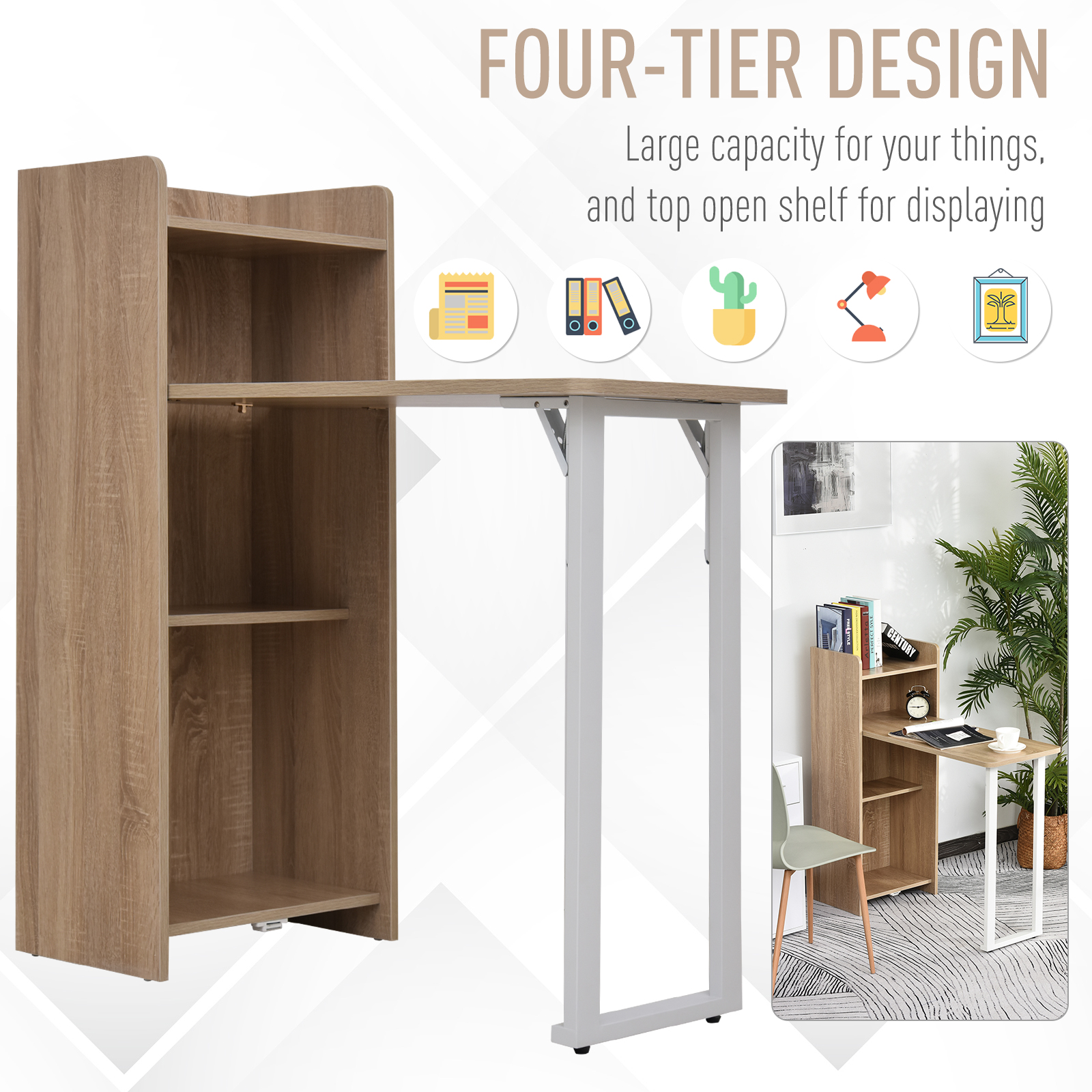 2 In 1 Folding Table, Drop Leaf Table, Space Saving Dining Table with 4-Tier Shelf for Small Spaces, Oak - Image 3