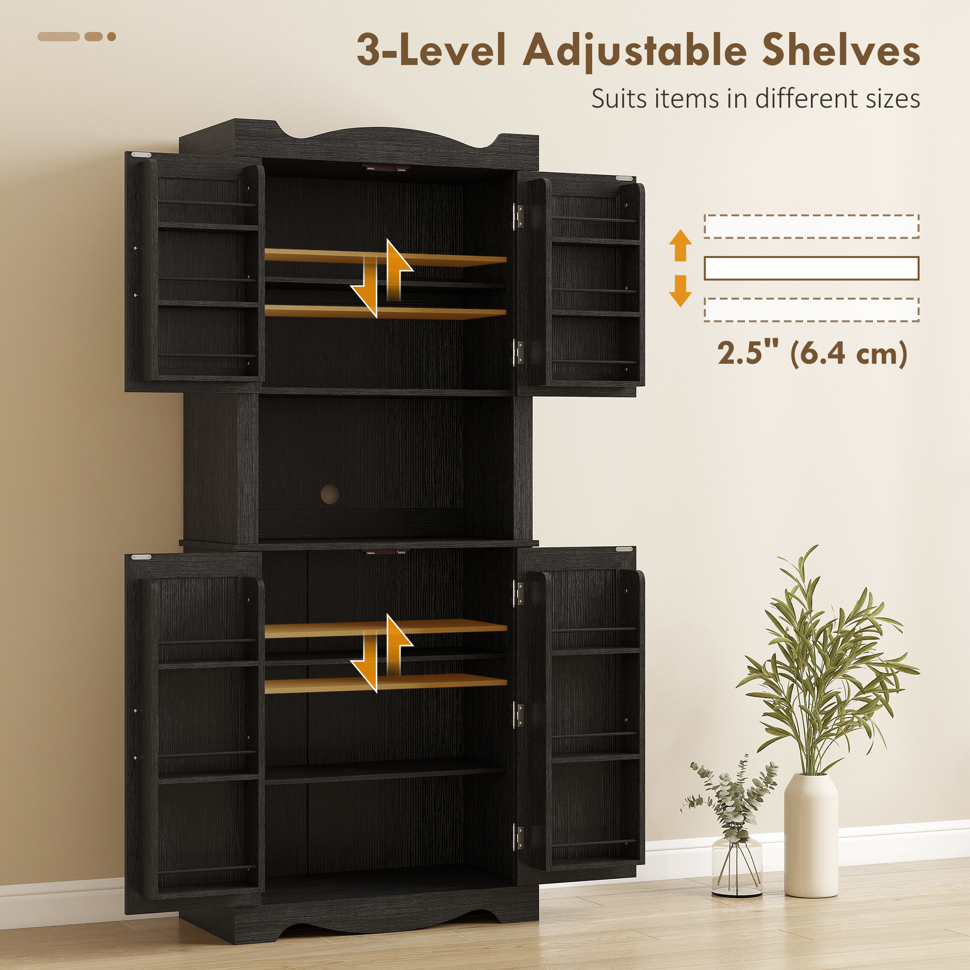 73" Kitchen Pantry Cabinet, Freestanding Kitchen Hutch with 12 Door Shelves, Adjustable Shelves, Microwave Stand, Black - Image 3