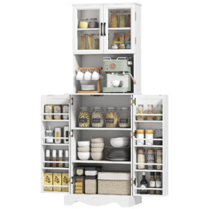 71" Kitchen Pantry Cabinet, Freestanding Kitchen Hutch with 8 Door Shelves, Adjustable Shelf and Acrylic Doors, White