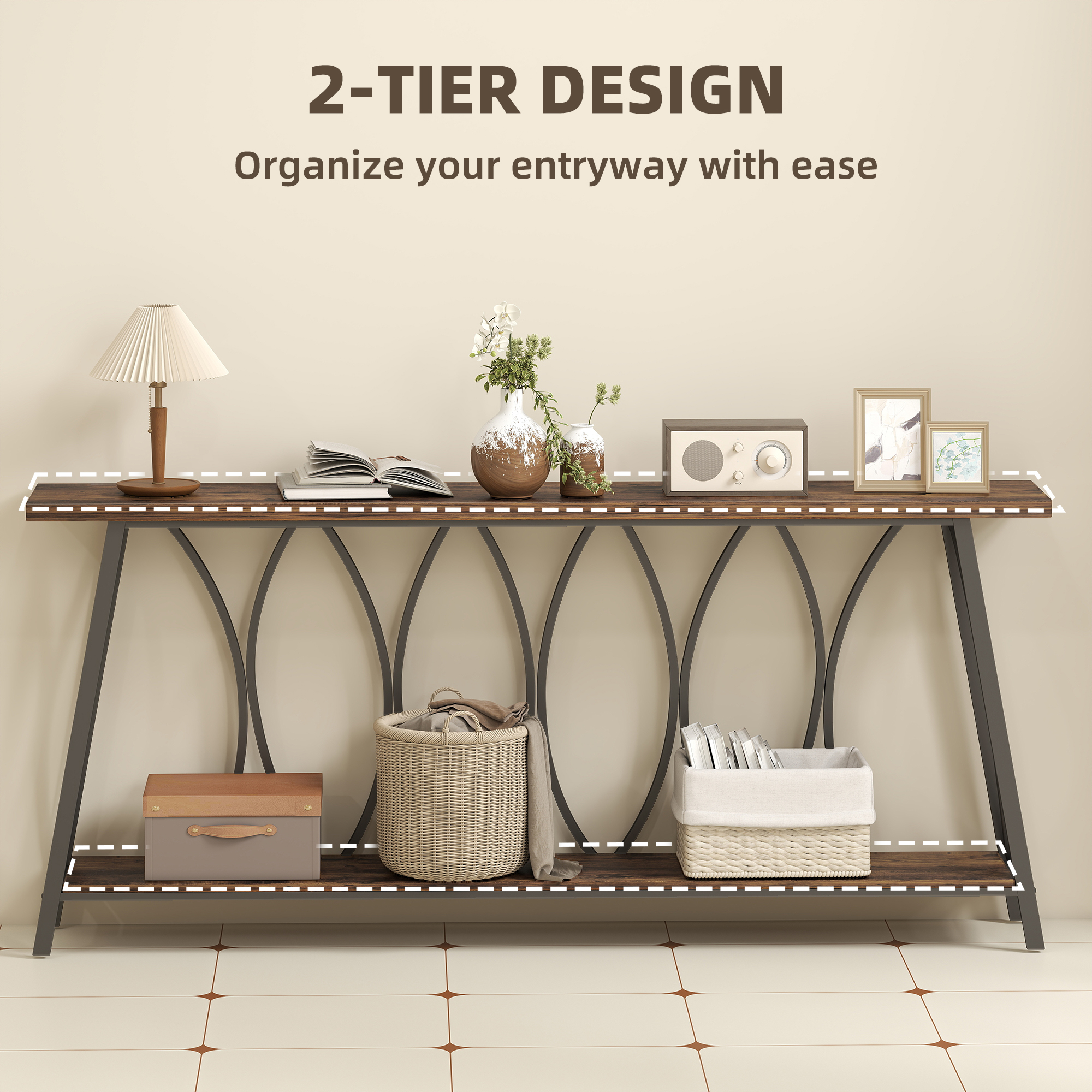 71" Console Table, Industrial 2-Tier Narrow Entryway Table with Metal Frame for Living Room, Hallway, Rustic Brown - Image 2