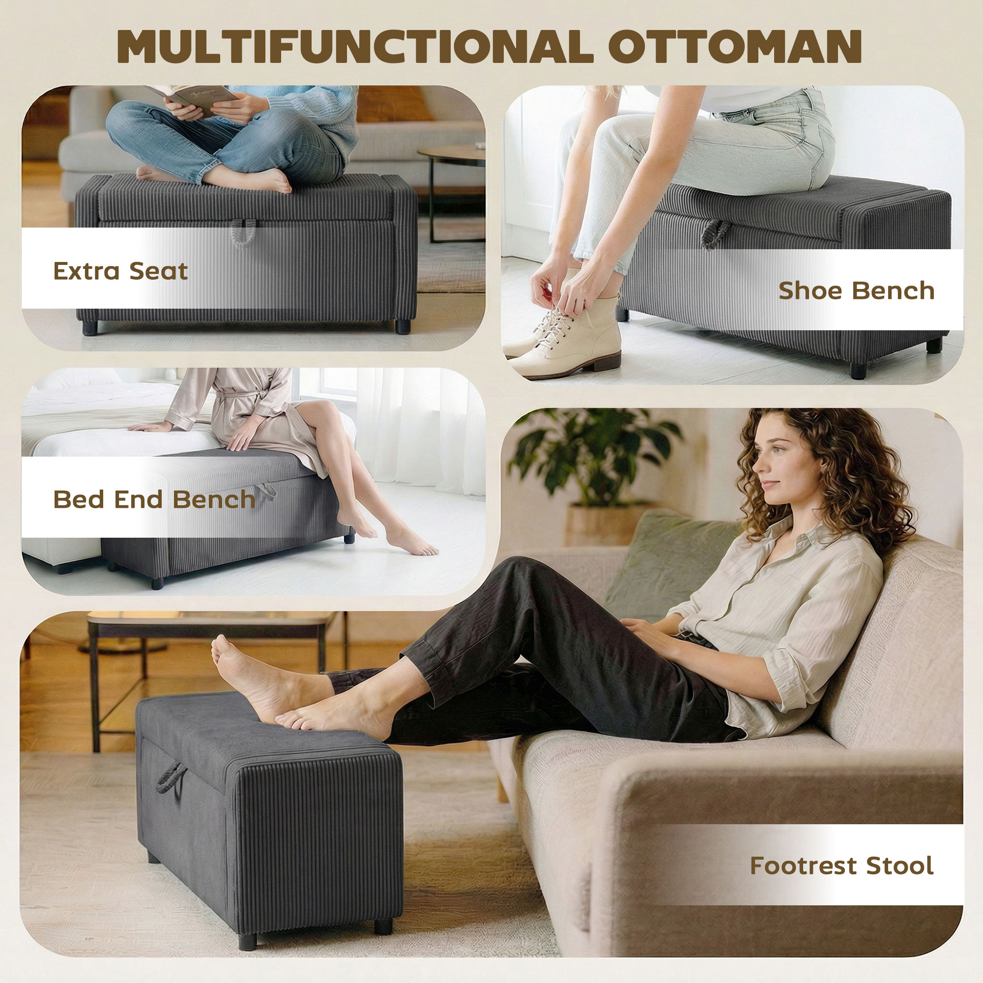 Storage Ottoman, Upholstered Corduroy End of Bed Bench with Thick Padding, Storage Bench for Bedroom, Dark Grey - Image 4
