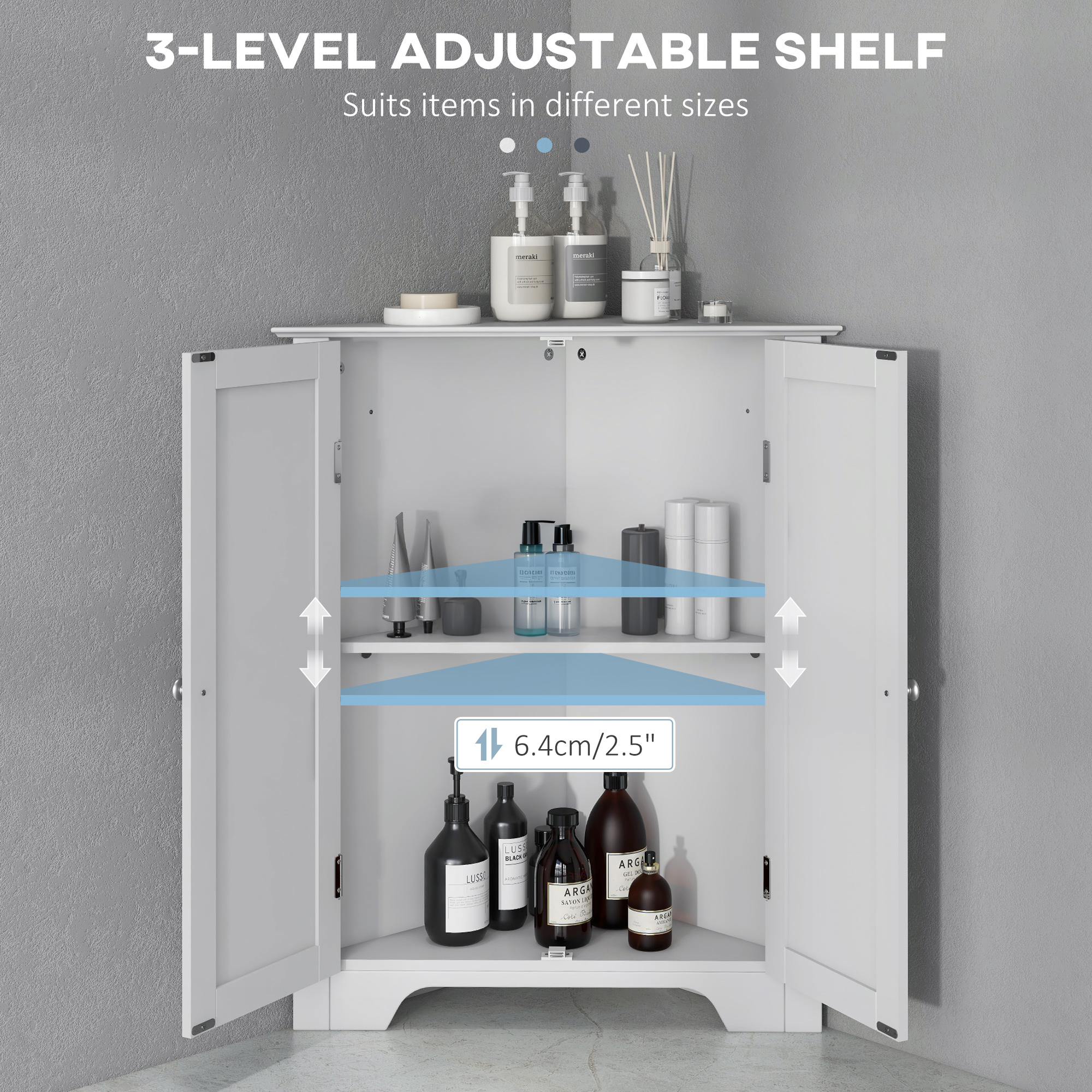 Modern Bathroom Storage Cabinet, Corner Cabinet with Doors, Bathroom Cabinet with Adjustable Shelf and Recessed Door, White - Image 3
