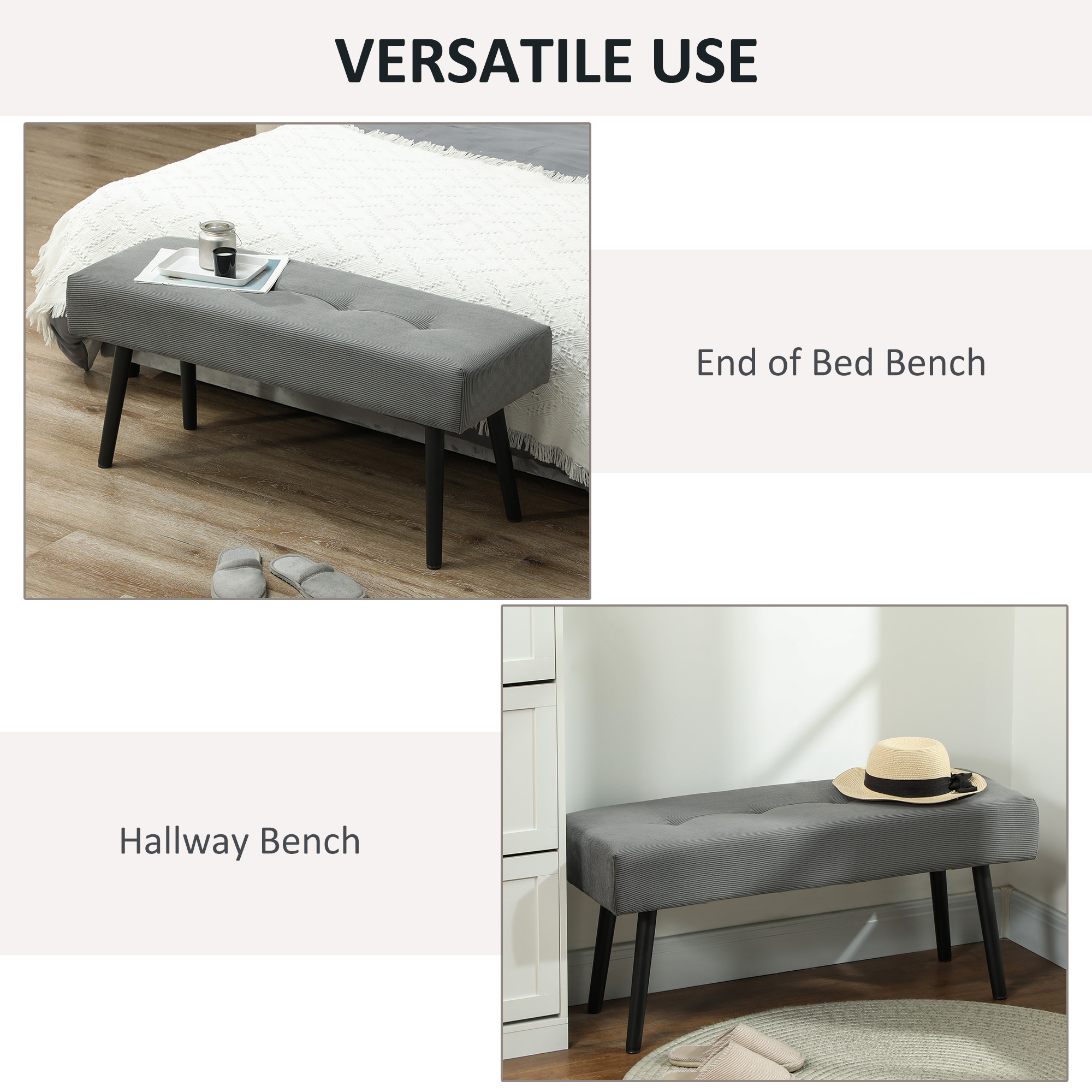 39" Upholstered Ottoman Bench, Corduroy Entryway Bedroom Bench with Padded Seat and Steel Legs for Bedroom, Grey - Image 4