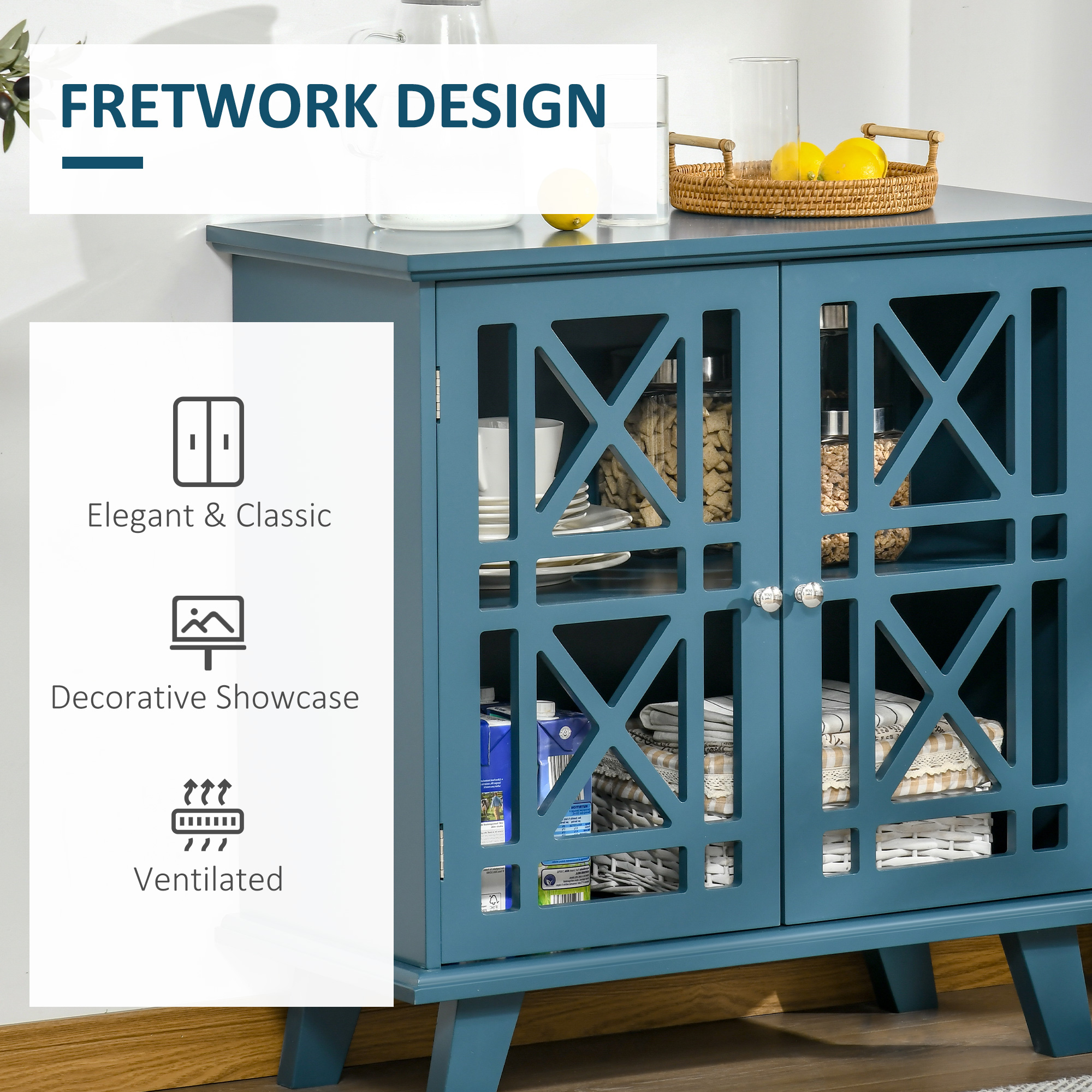 Storage Cabinet with Fretwork Doors and Shelf, Modern Freestanding Sideboard, Buffet, Blue - Image 3