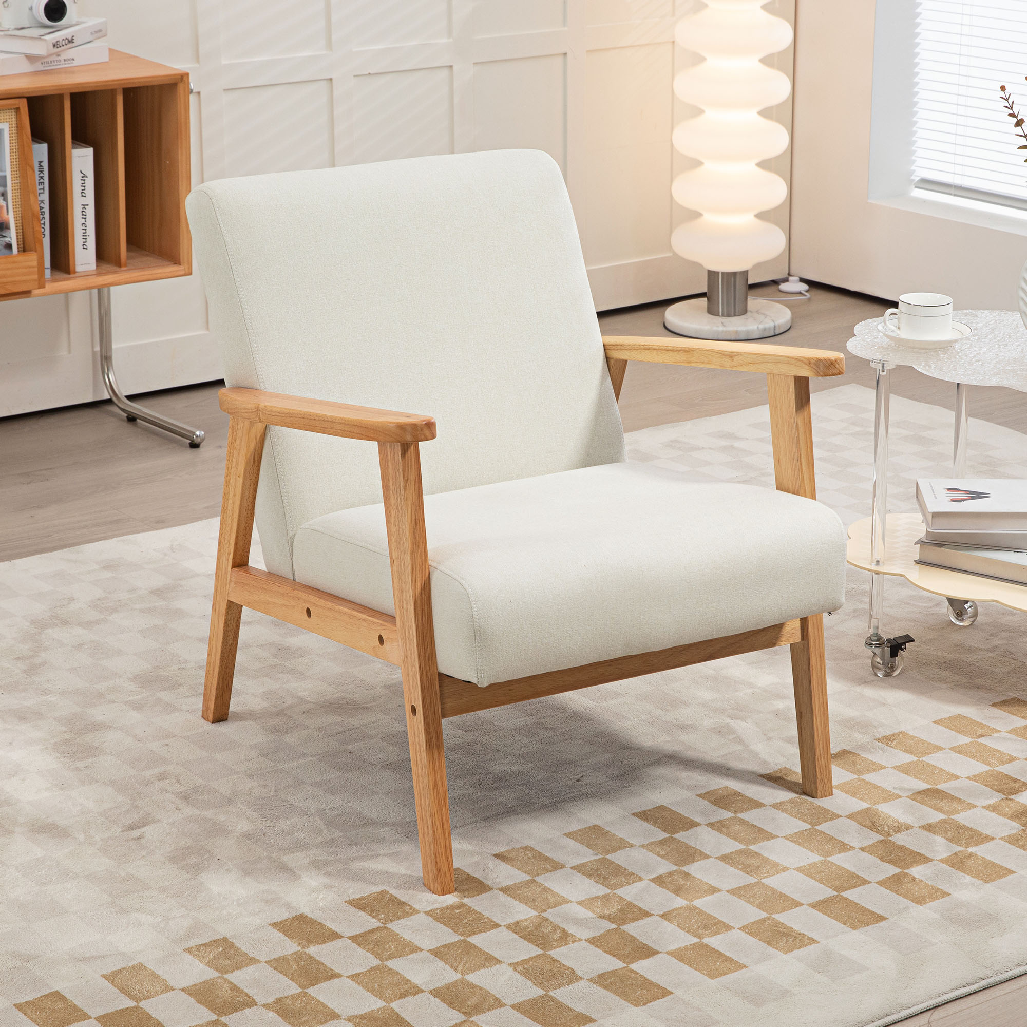 Mid-Century Modern Accent Chair Retro Fabric Armchair Wooden Arm Upholstered Lounge Chair for Living Room Cream White - Image 6