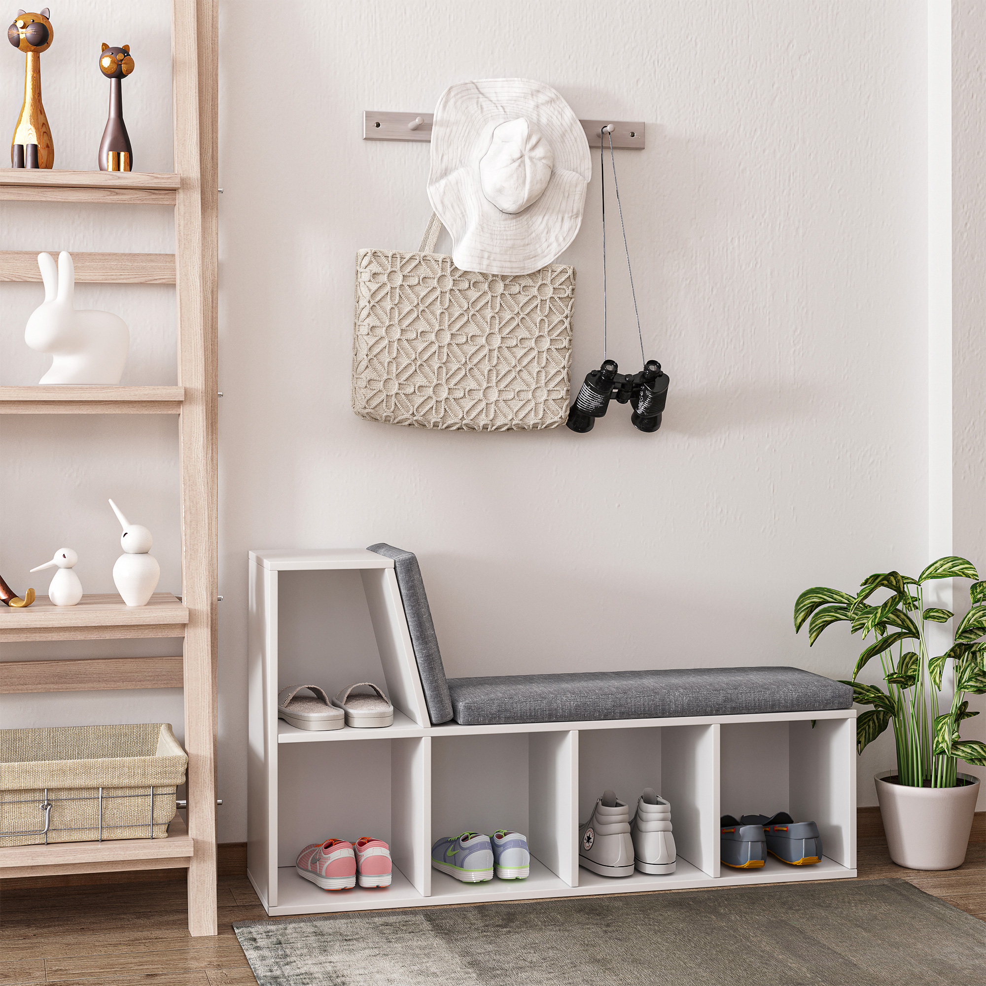 Multi-Purpose Bookshelf with 5 Cubes, 5-Cubby Bookcase with Cushioned Reading Nook and Storage Shelves, Grey - Image 6